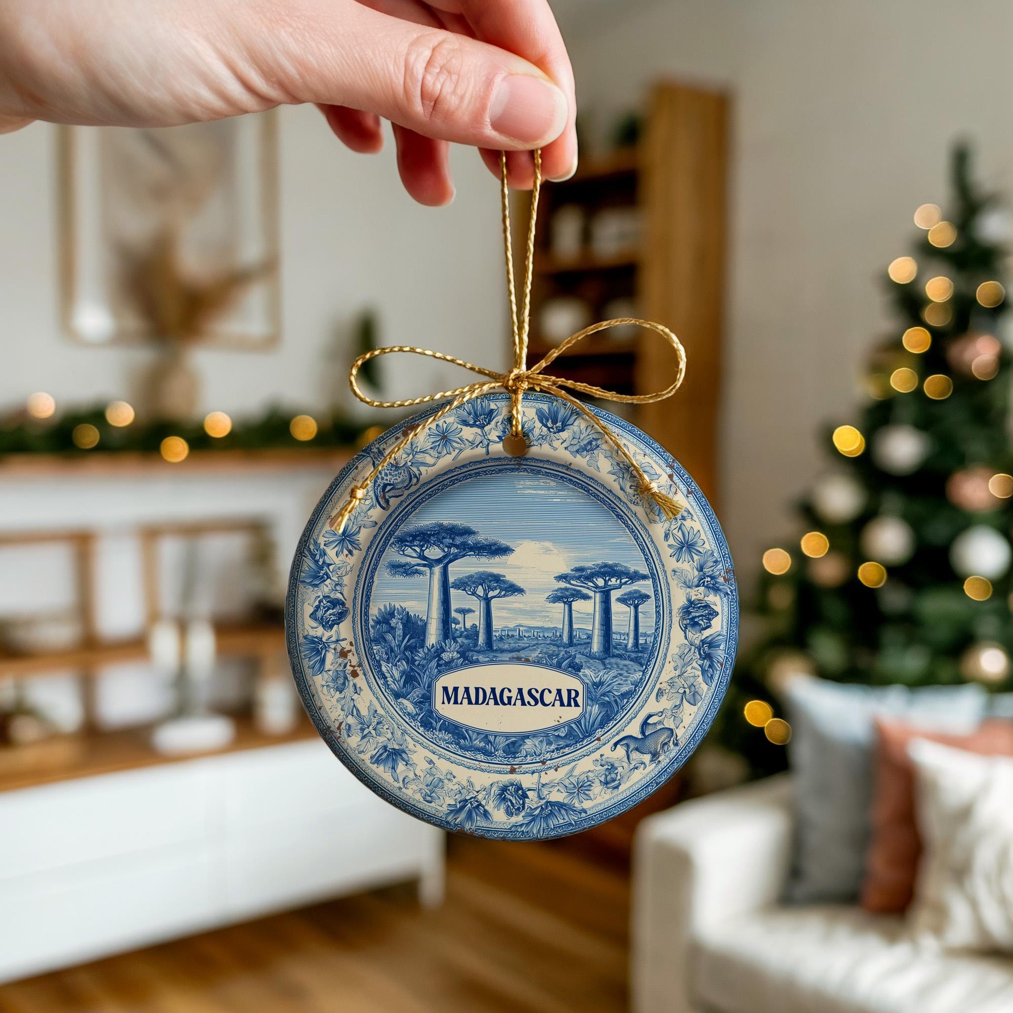 Custom Madagascar Ceramic Delft Ornament, Christmas Delftware Blue Delftware city travel