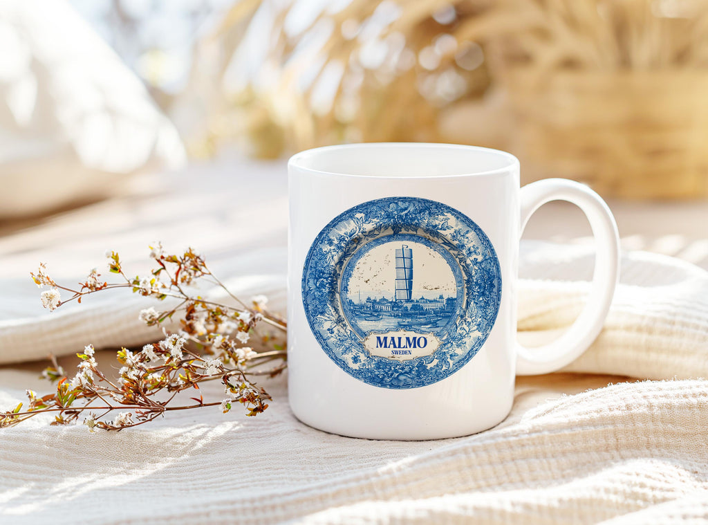 Malmo Sweden Mug, Custom Delft Style cup, Personalized Vintage Travel City Gift