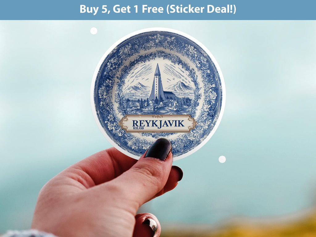 Reykjavik Iceland Sticker Vintage Delft style, Delftware Decal Waterproof Vinyl, Blue City Travel