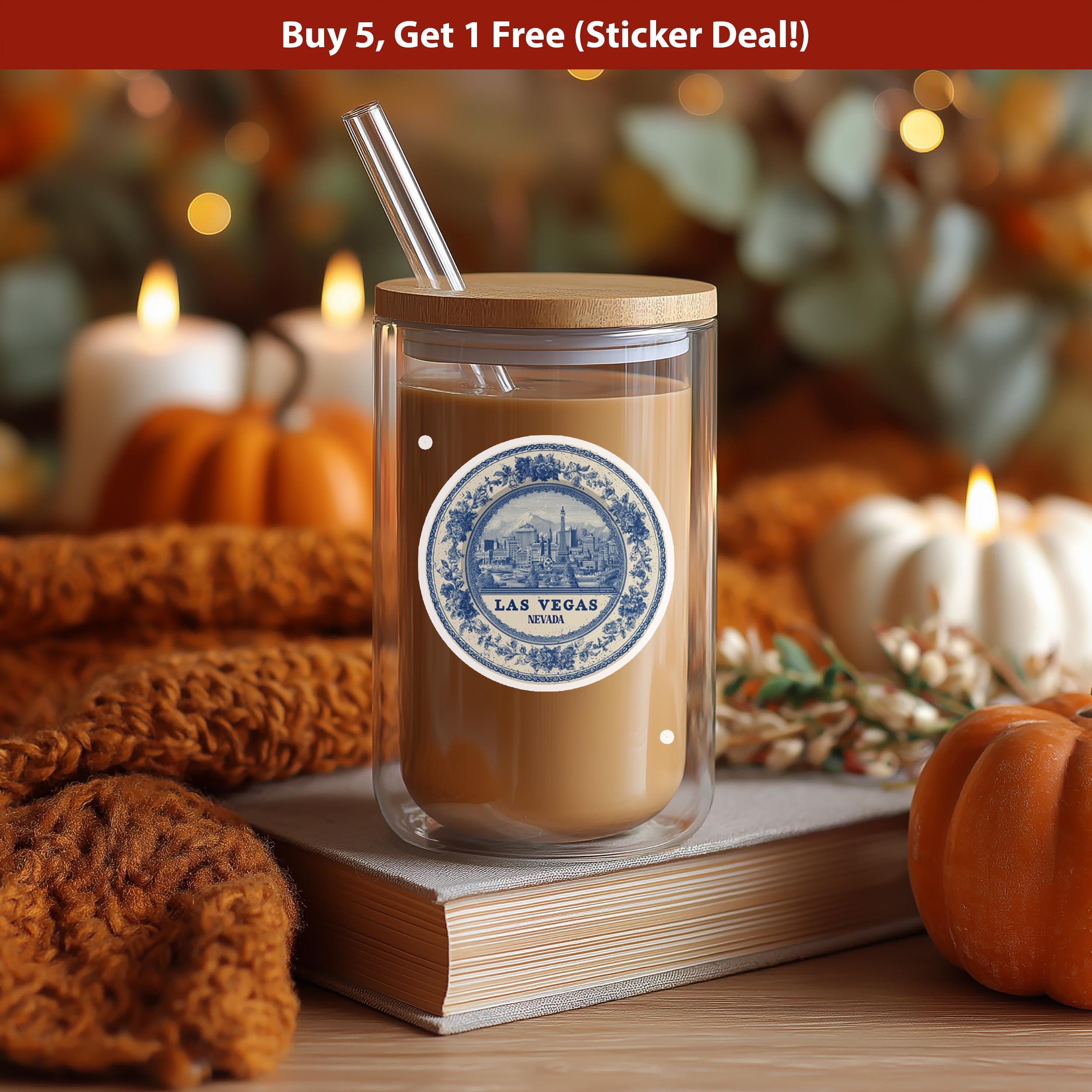 Las Vegas Nevada Sticker Vintage Delft style, Delftware Decal Waterproof Vinyl, Blue City Travel