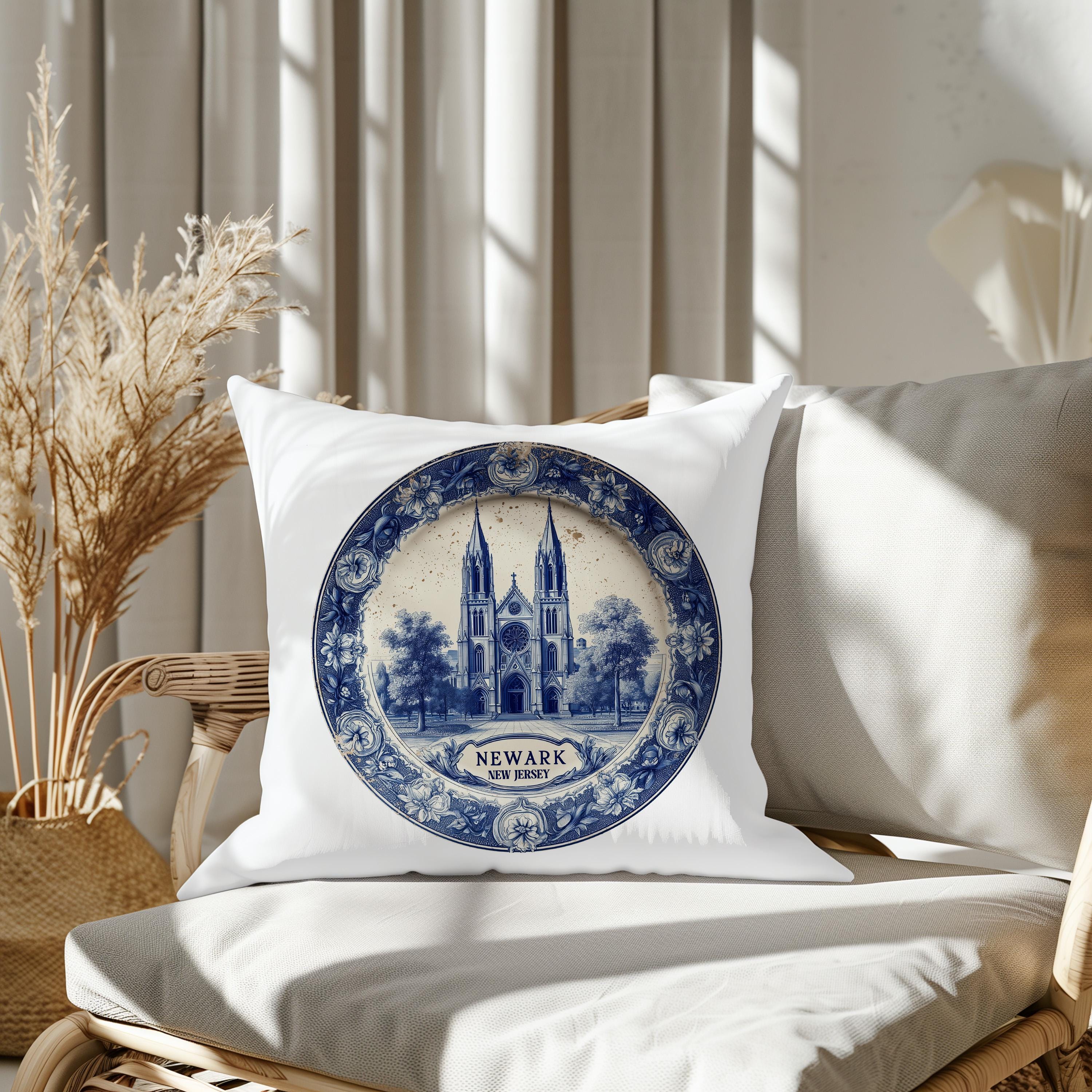 Newark New Jersey Pillowcase, Delft Style Decorative Throw Pillow, Vintage Cityscape Retro Home Decor