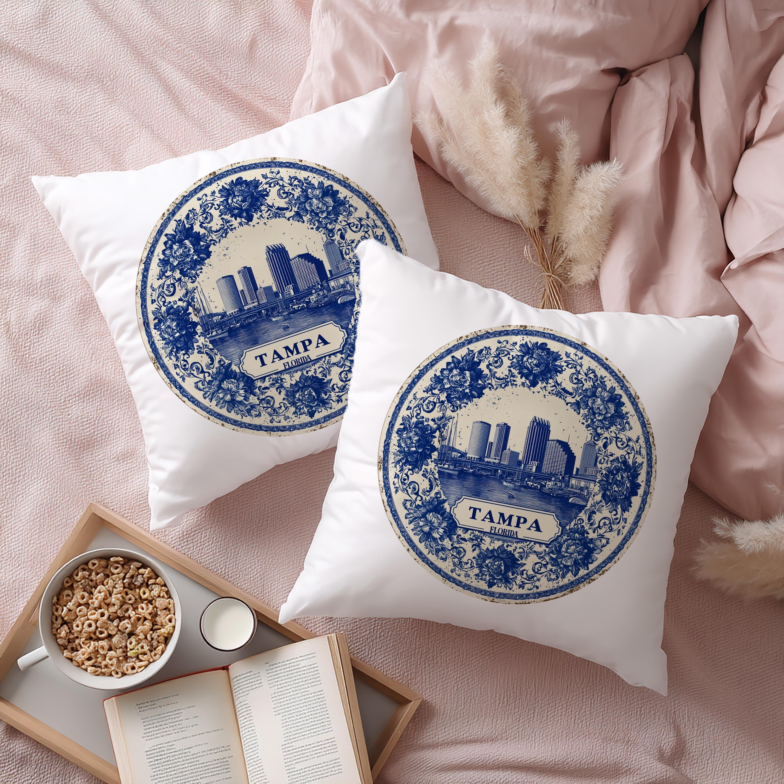 Tampa Florida Pillowcase, Delft Style Decorative Throw Pillow, Vintage Cityscape Retro Home Decor