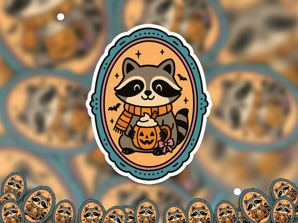 Cute Raccoon Halloween sticker Pumpkin Spice, Kiss-Cut Vinyl, Waterproof Decal