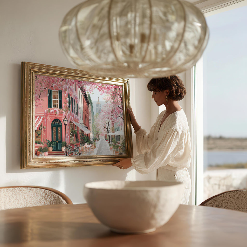 New York Spring Wall Art, Cherry Blossom Floral Empire State Travel Gift Decor Print