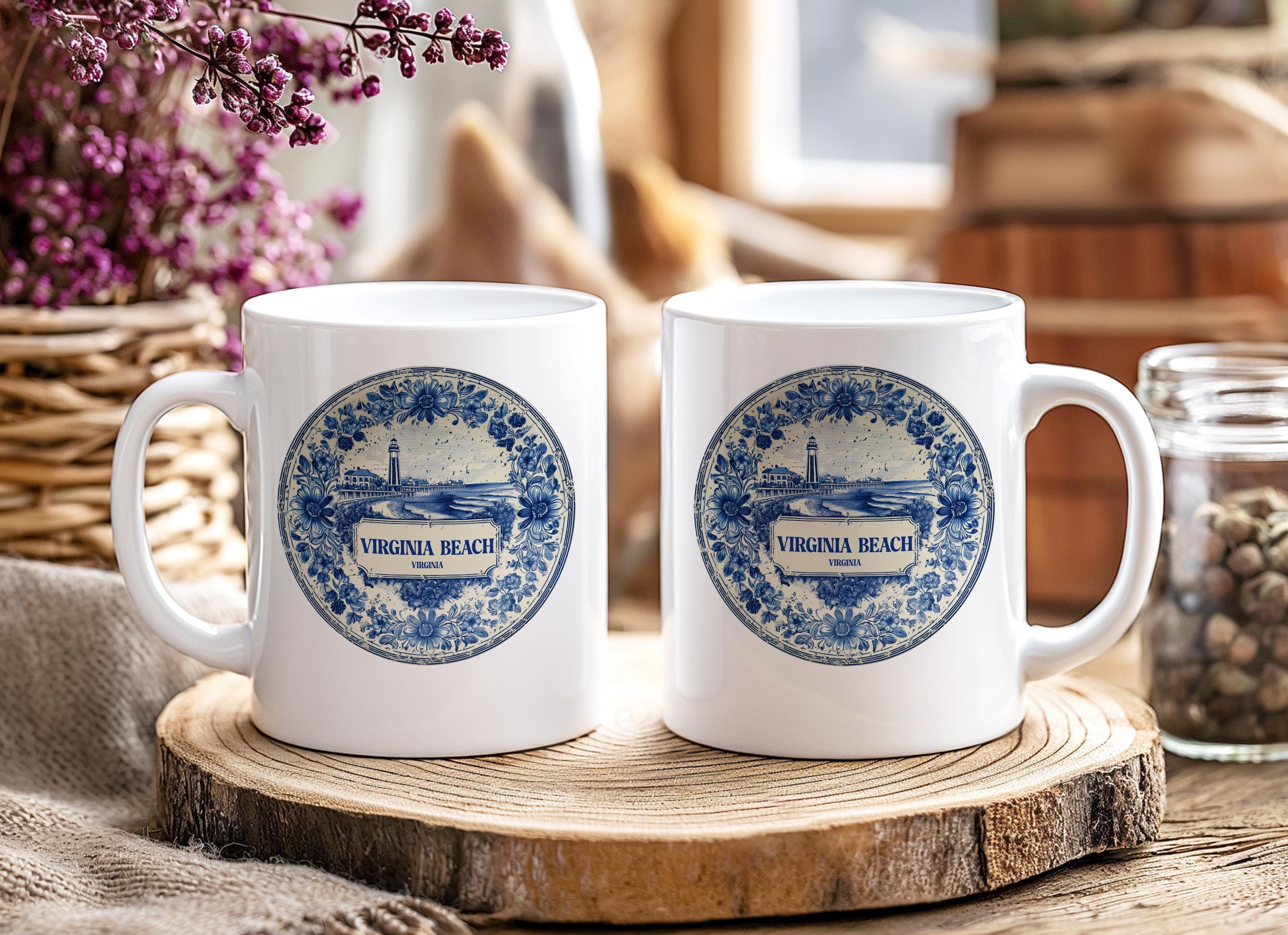 Virginia Beach Virginia Mug, Custom Delft Style cup, Personalized Vintage Travel City Gift