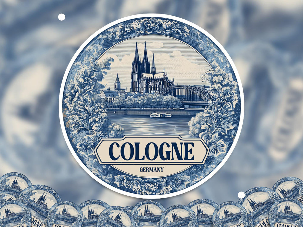 Cologne Germany Sticker Vintage Delft style, Delftware Decal Waterproof Vinyl, Blue City Travel