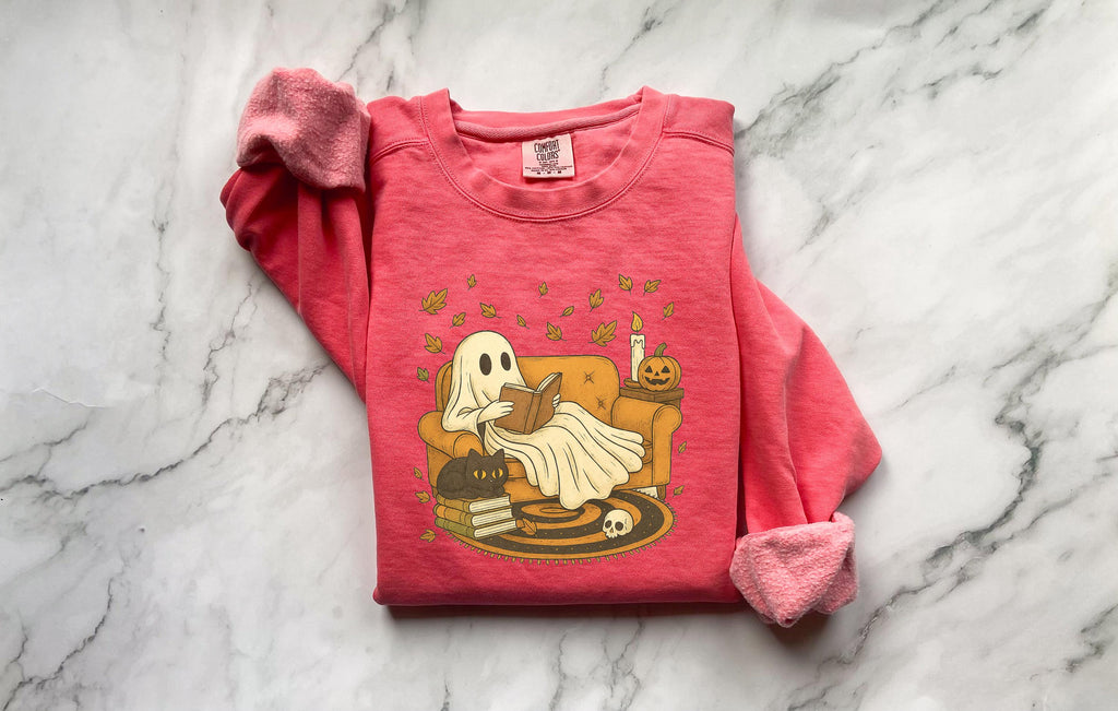 Retro Ghost reading book Halloween, Lazy Cute Halloween Spooky Season gift for her, Boo School, gift for her, him