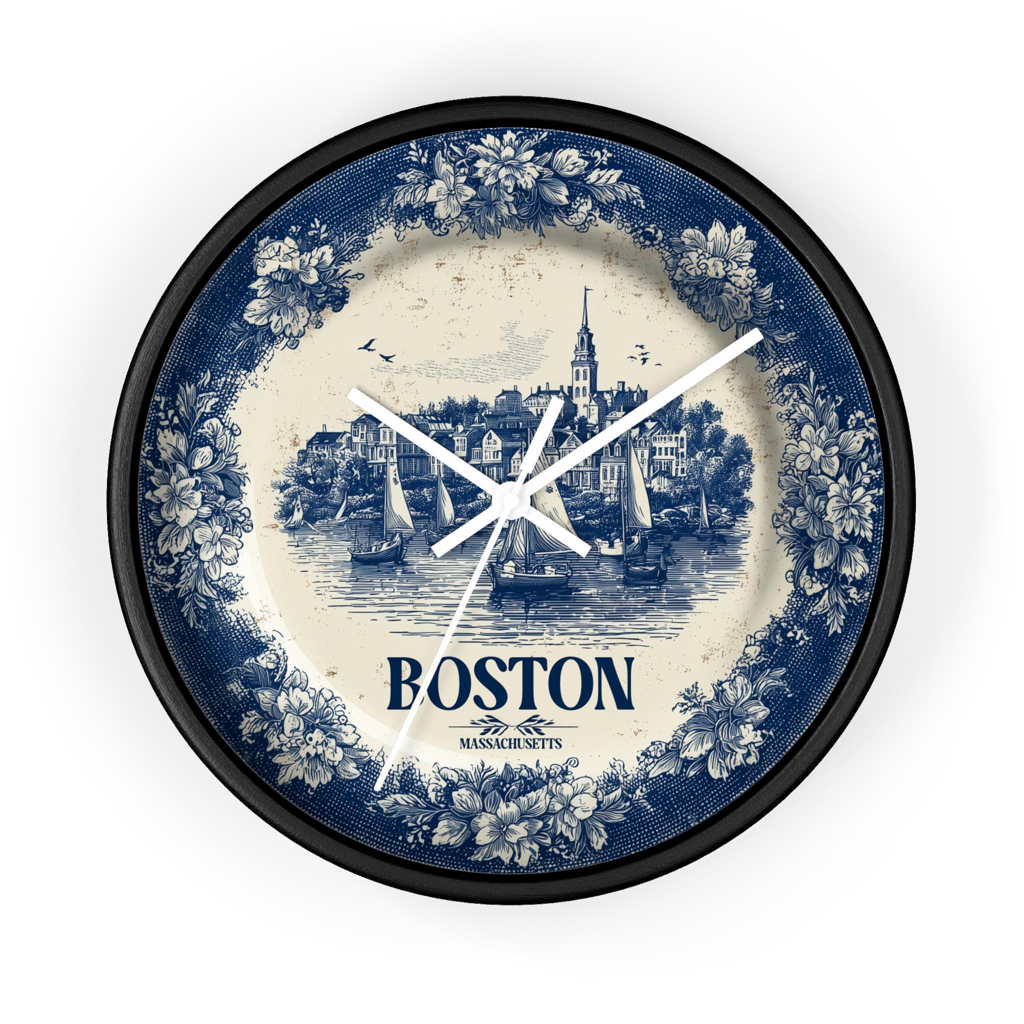 Boston Massachusetts2 Wall Clock, Delf style Home Decor, Vintage City Travel Keepsake Art