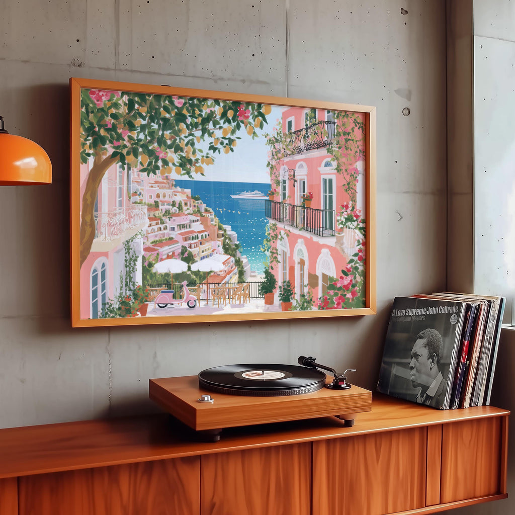 Amalfi Coast Spring Wall Art, Cherry Blossom Floral Italy Travel Gift Decor Large Print