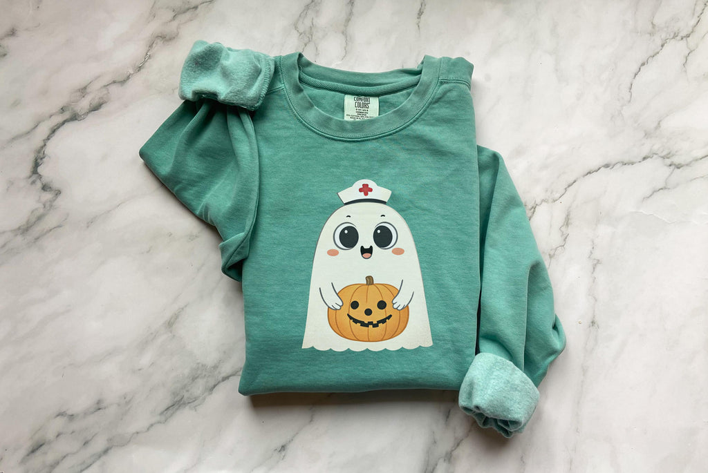 Halloween Nurse Sweatshirt: Spooky Ghost & Pumpkin Retro Fall Top