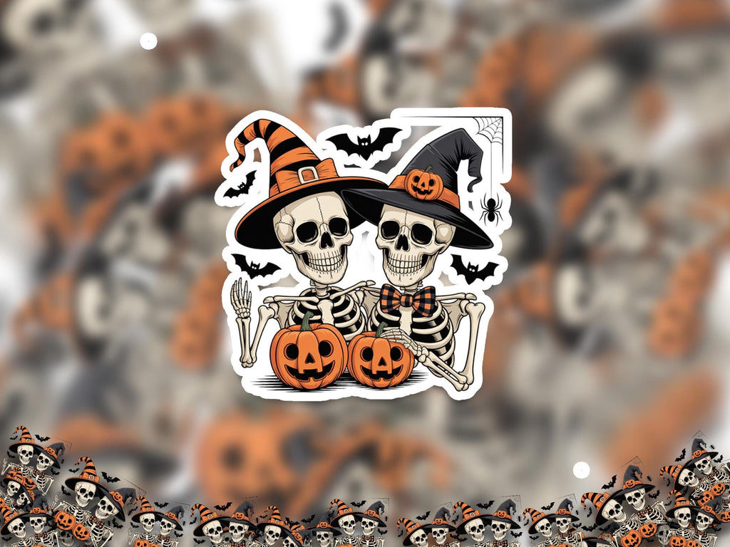 Halloween Skeleton Sticker – Cute Spooky Witch Hat Pumpkin Decal, Laptop Water Bottle Gift
