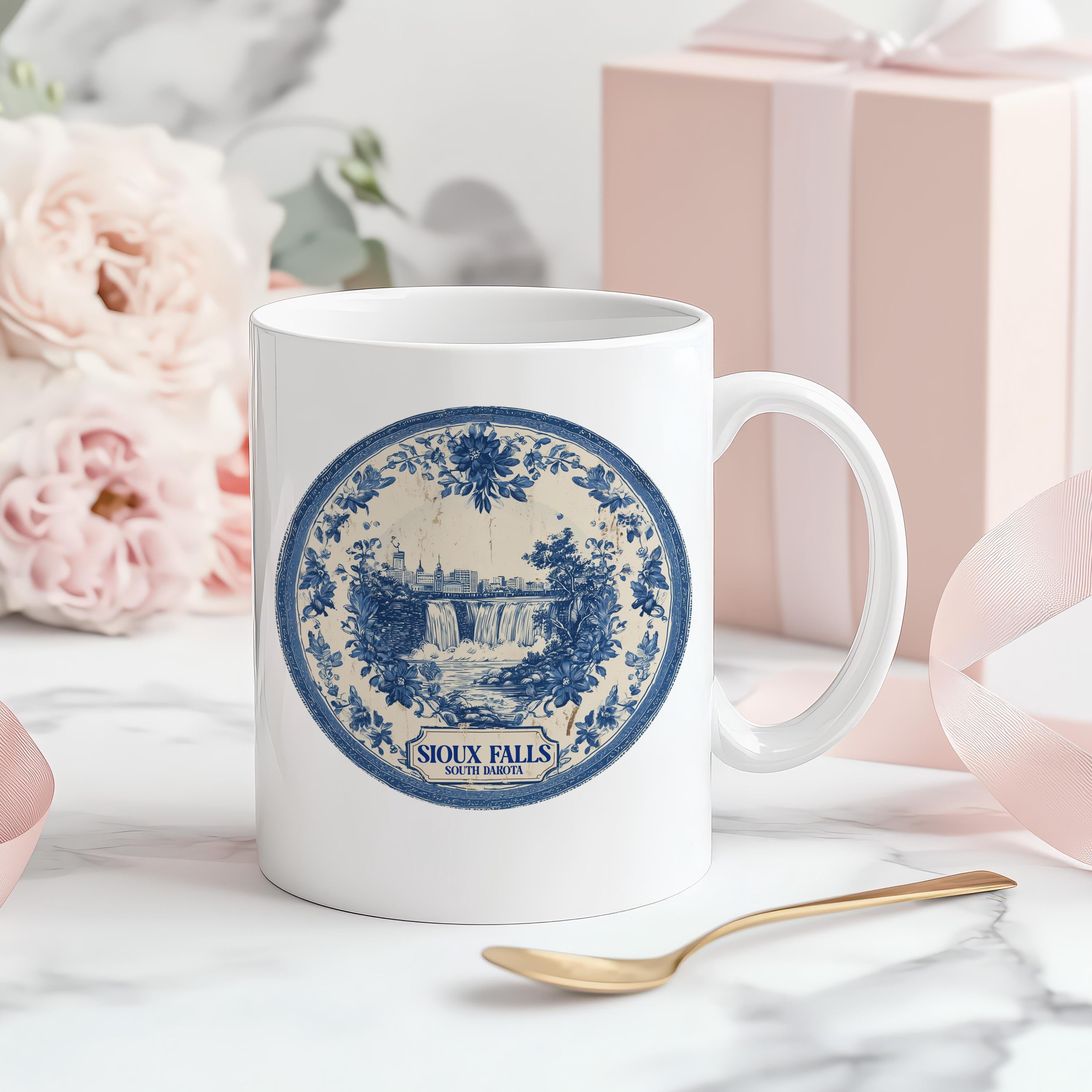 Sioux Falls South Dakota Mug, Custom Delft Style cup, Personalized Vintage Travel City Gift