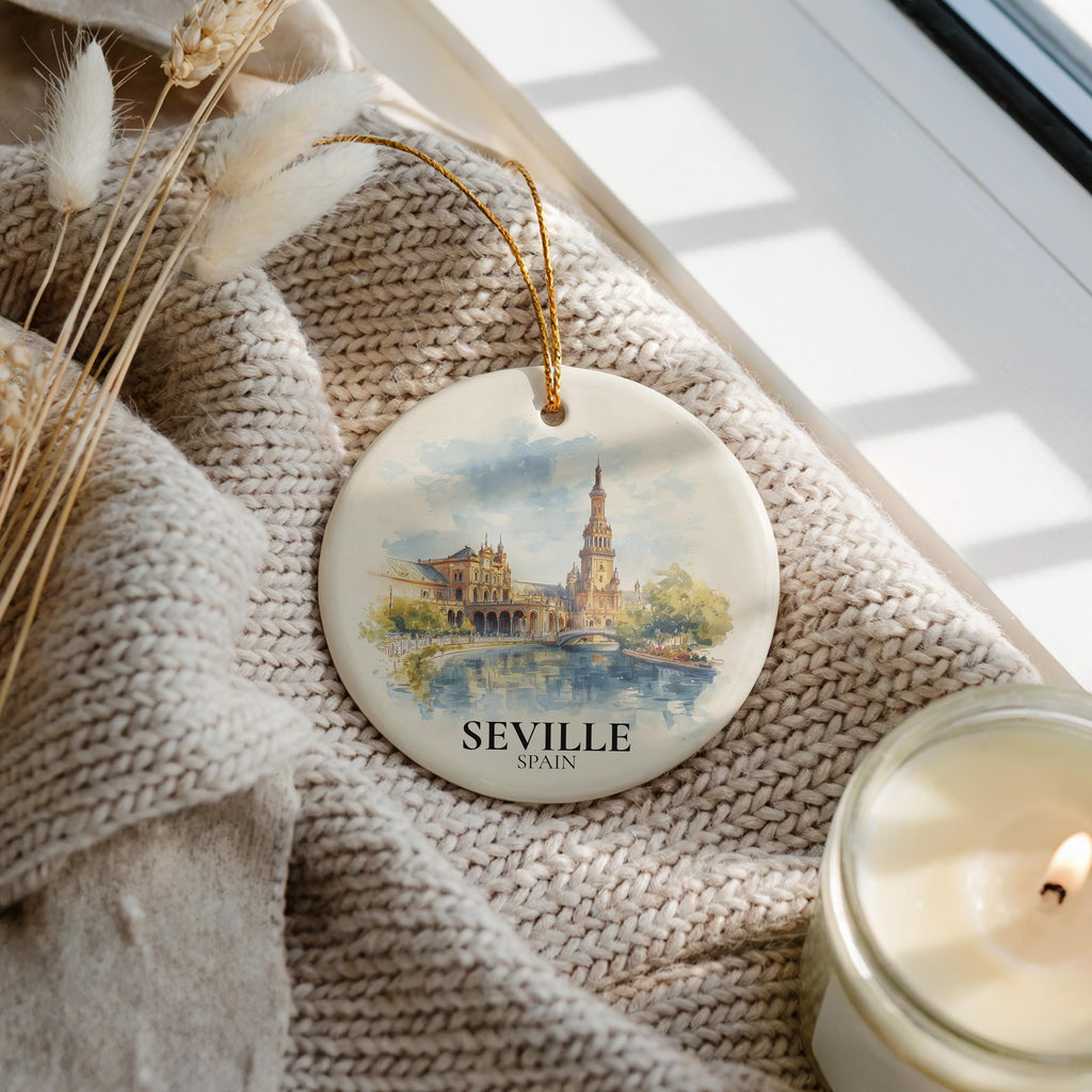 Seville Personalized Watercolor Ornament, SpainCustom Ceramic Christmas gift, Travel Keepsake