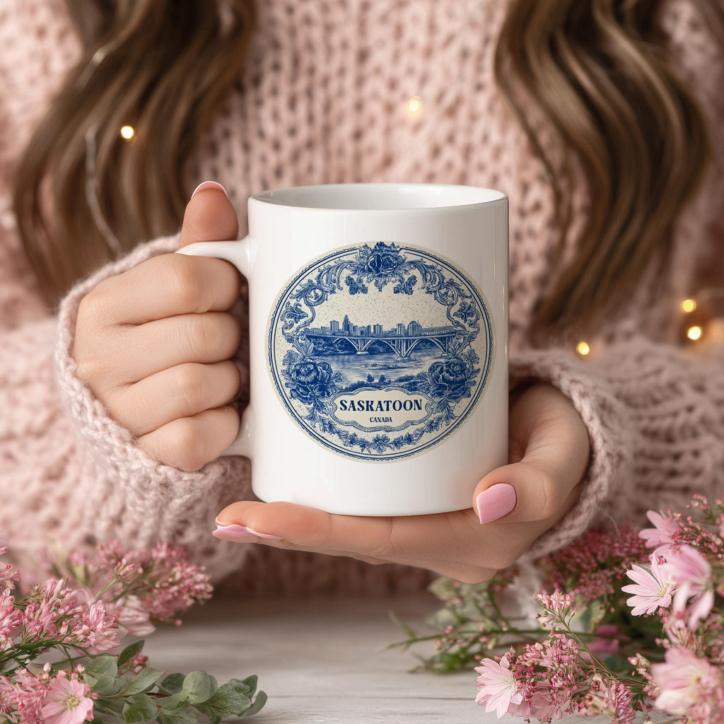 Saskatoon Canada Mug, Custom Delft Style cup, Personalized Vintage Travel City Gift