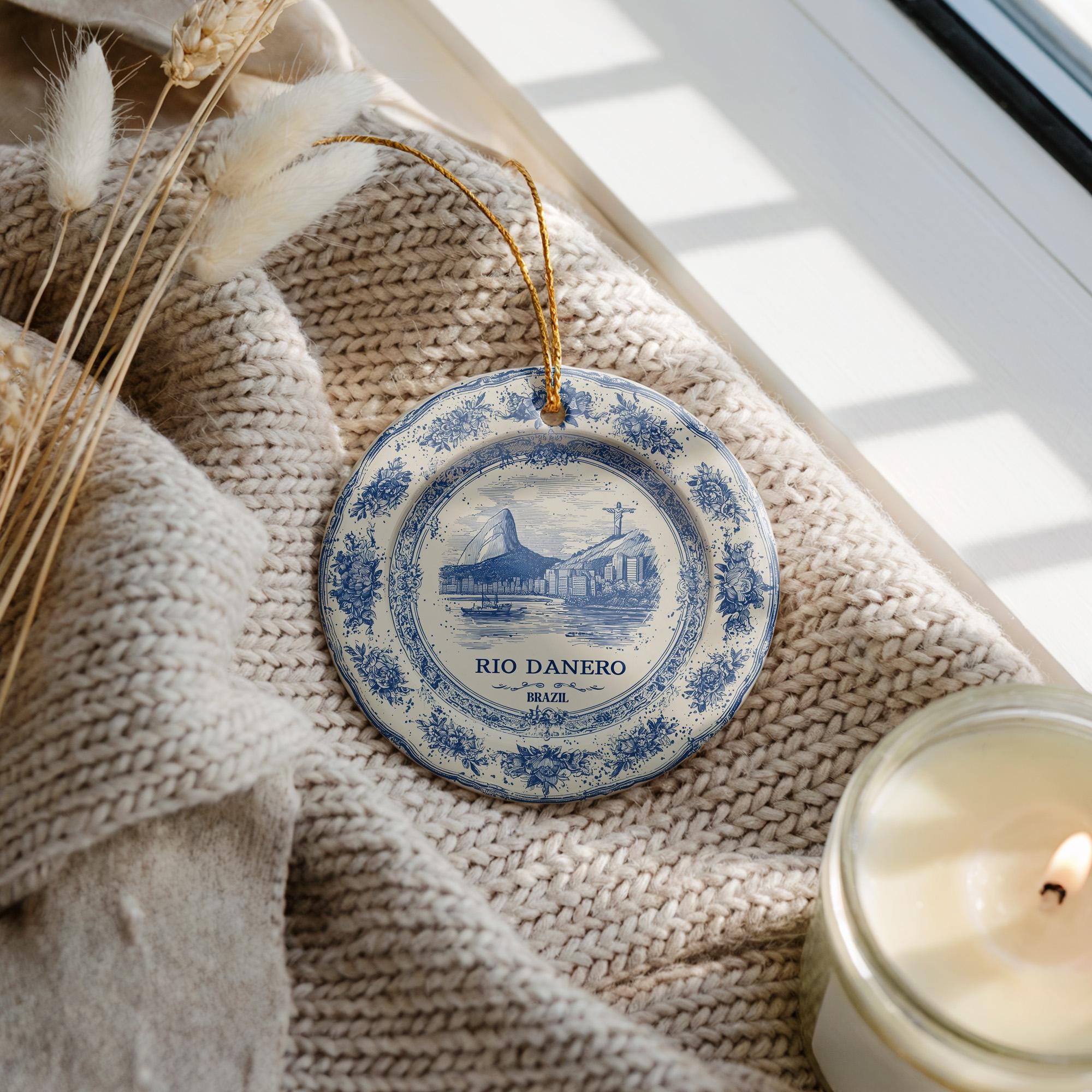 Custom Rio de Janeiro Brazil Ceramic Delft Ornament, Christmas Delftware Blue Delftware city travel