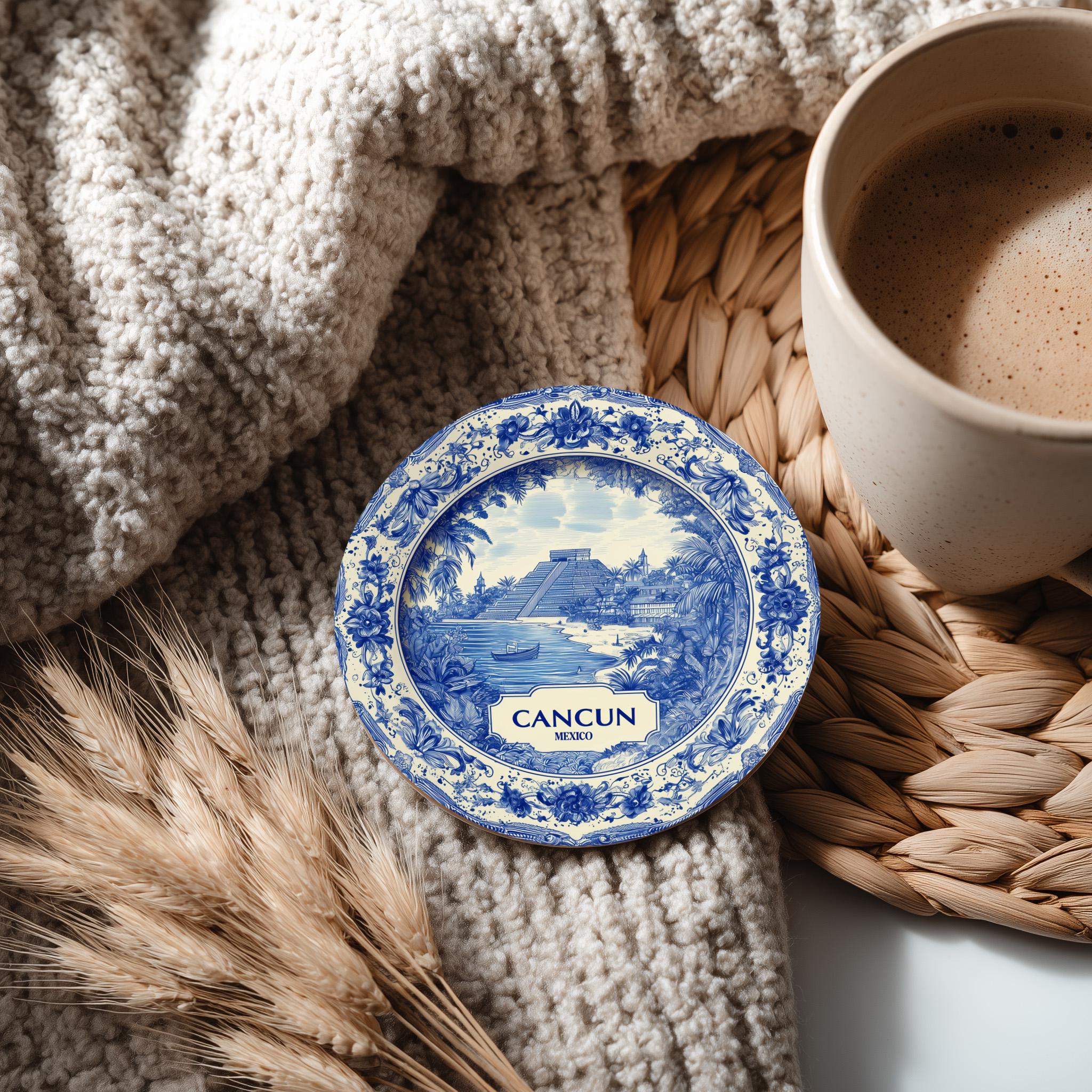 Cancun Mexico Delftware Ceramic Coaster, Blue White Travel Gift, Vintage Home Decor Collectible