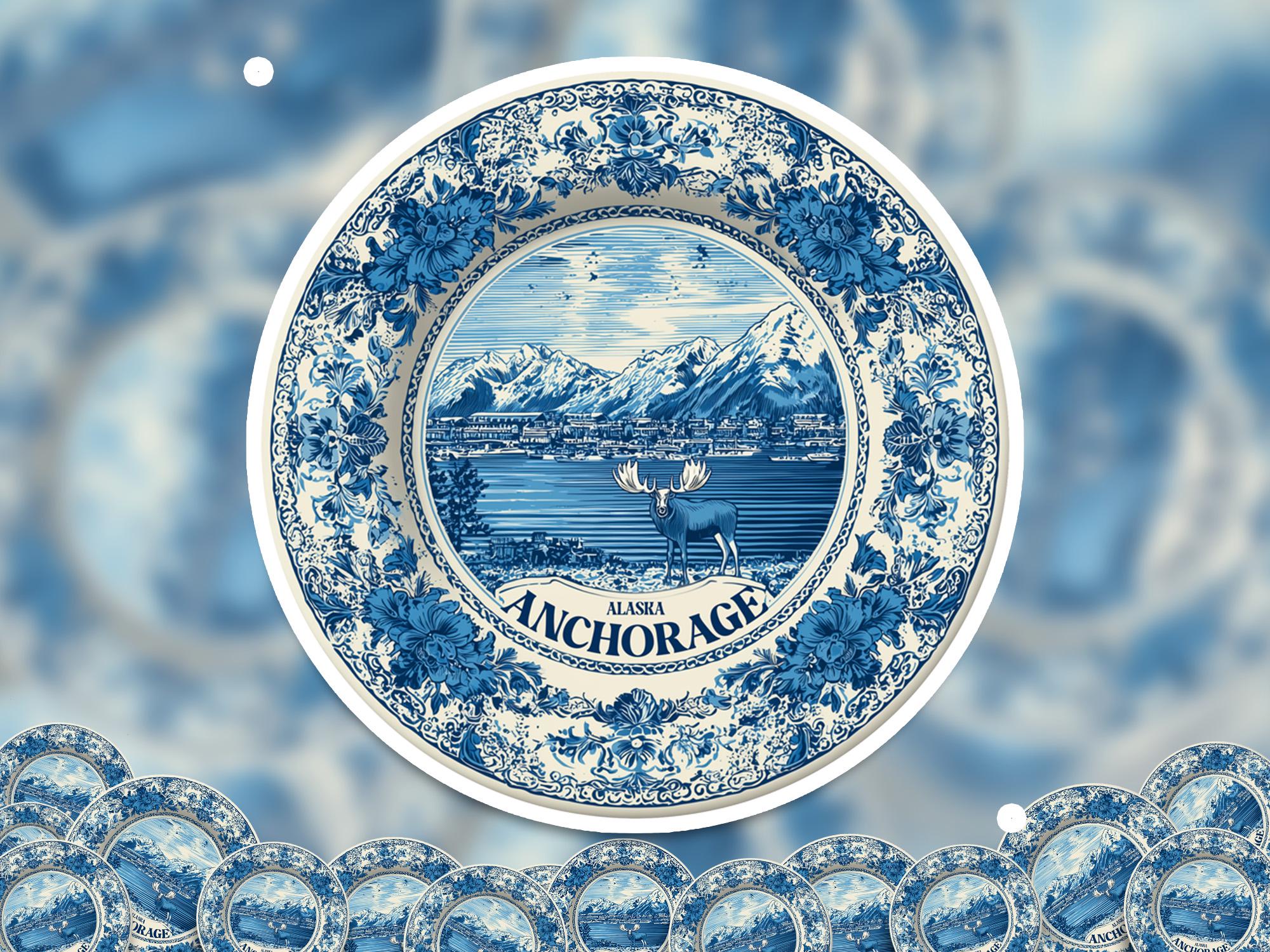 Anchorage Alaska Sticker Vintage Delft style, Delftware Decal Waterproof Vinyl, Blue City Travel USA