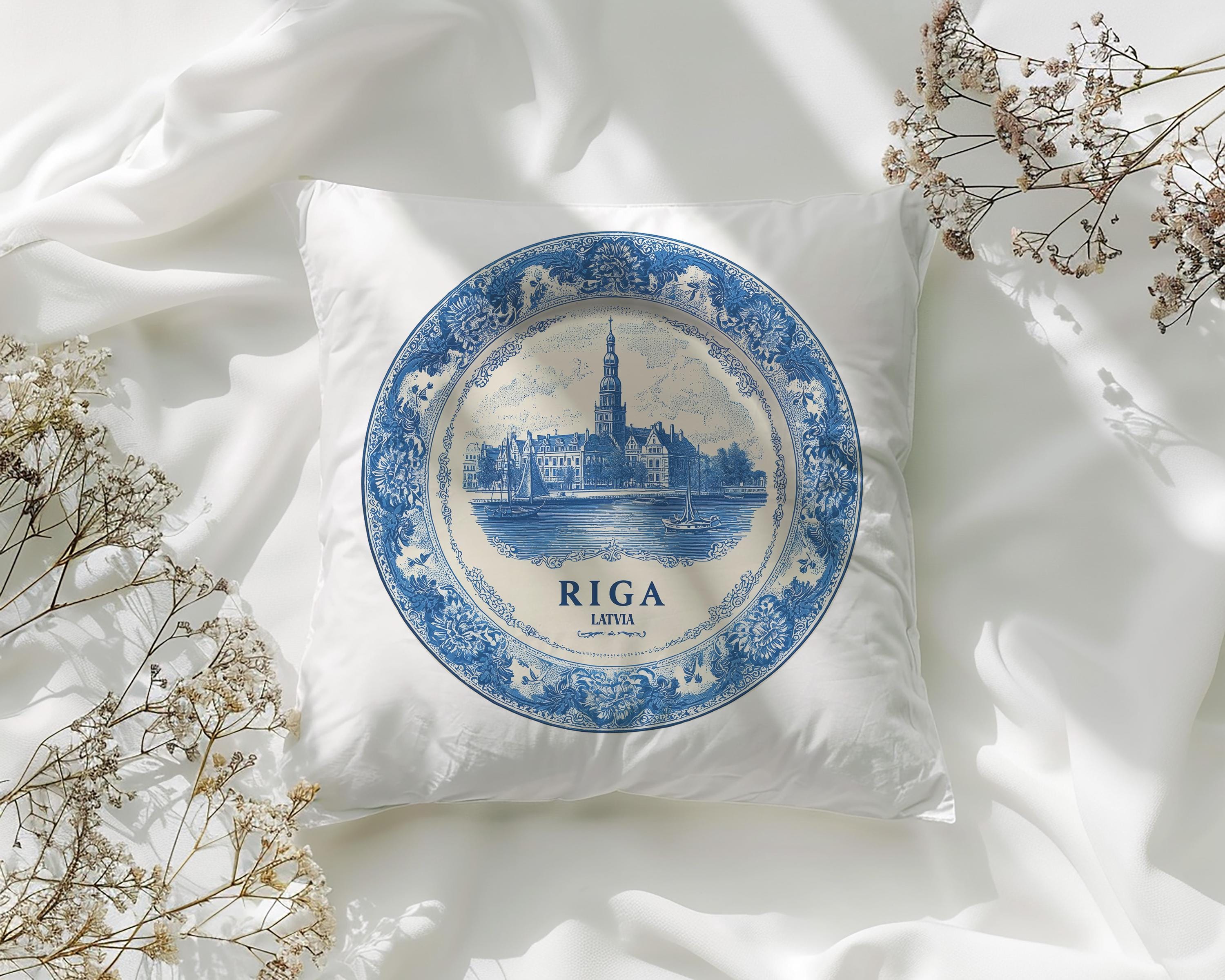 Riga Latvia Pillowcase, Delft Style Decorative Throw Pillow, Vintage Cityscape Retro Home Decor