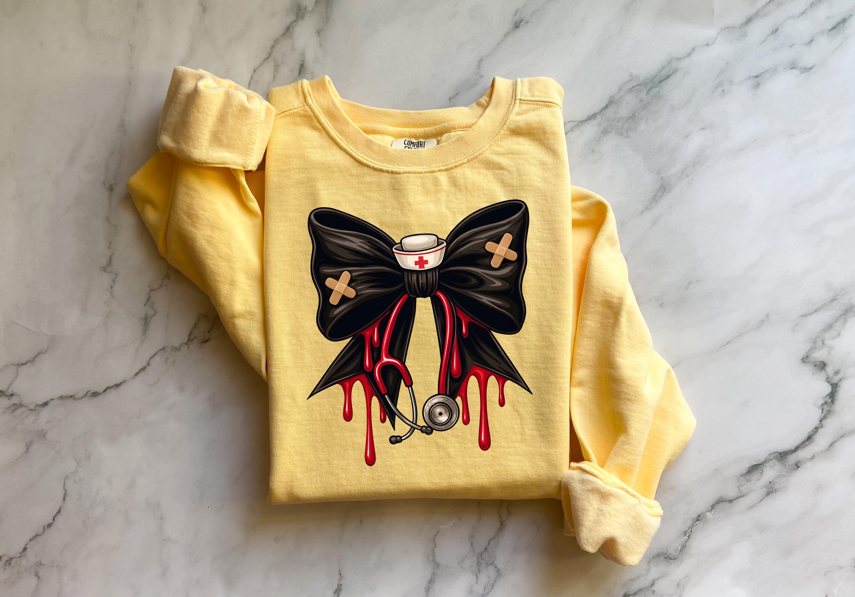 Spooky Nurse Bow Sweatshirt, Halloween Comfort Colors Crewneck, Creepy Cute RN Pullover with Blood Drip Bow, Nurse Gift for Fall
