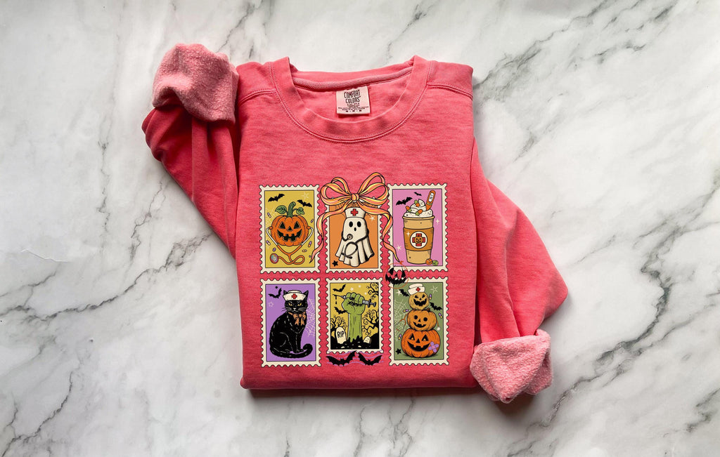 Halloween Tarot Card Sweatshirt, Witchy Nurse Fall Pullover with Pumpkin Cat Skeleton Prints, Spooky Vintage Top, Cozy Retro Gift