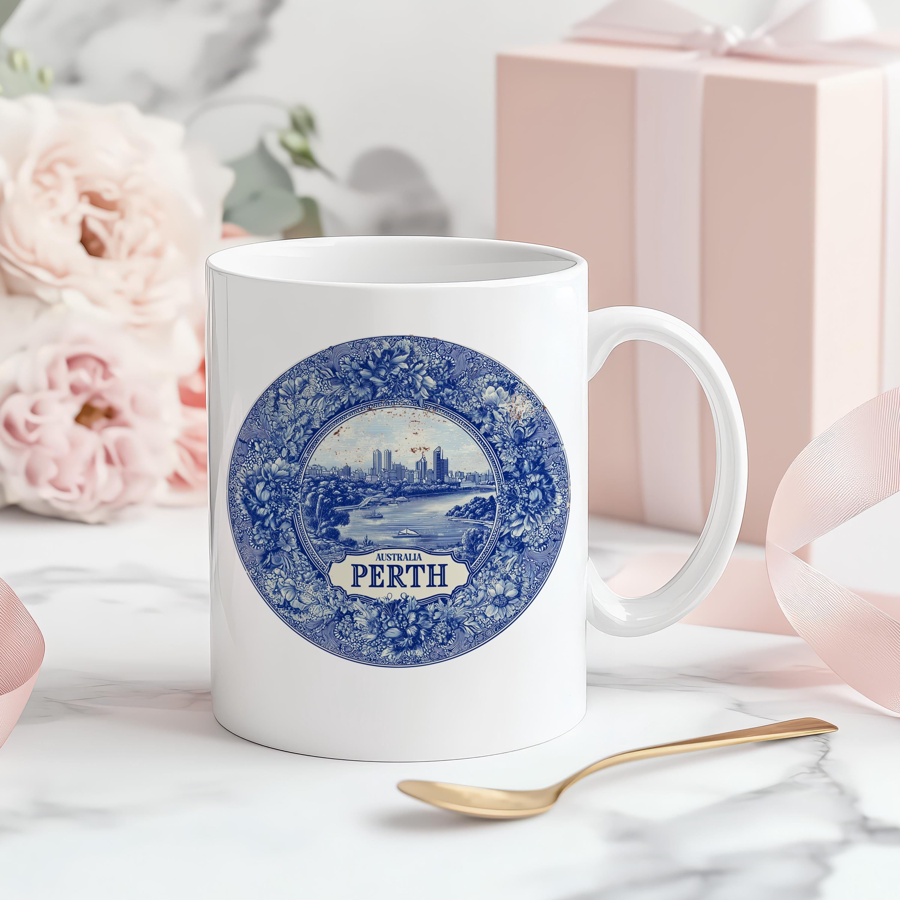 Perth Australia Mug, Custom Delft Style cup, Personalized Vintage Travel City Gift