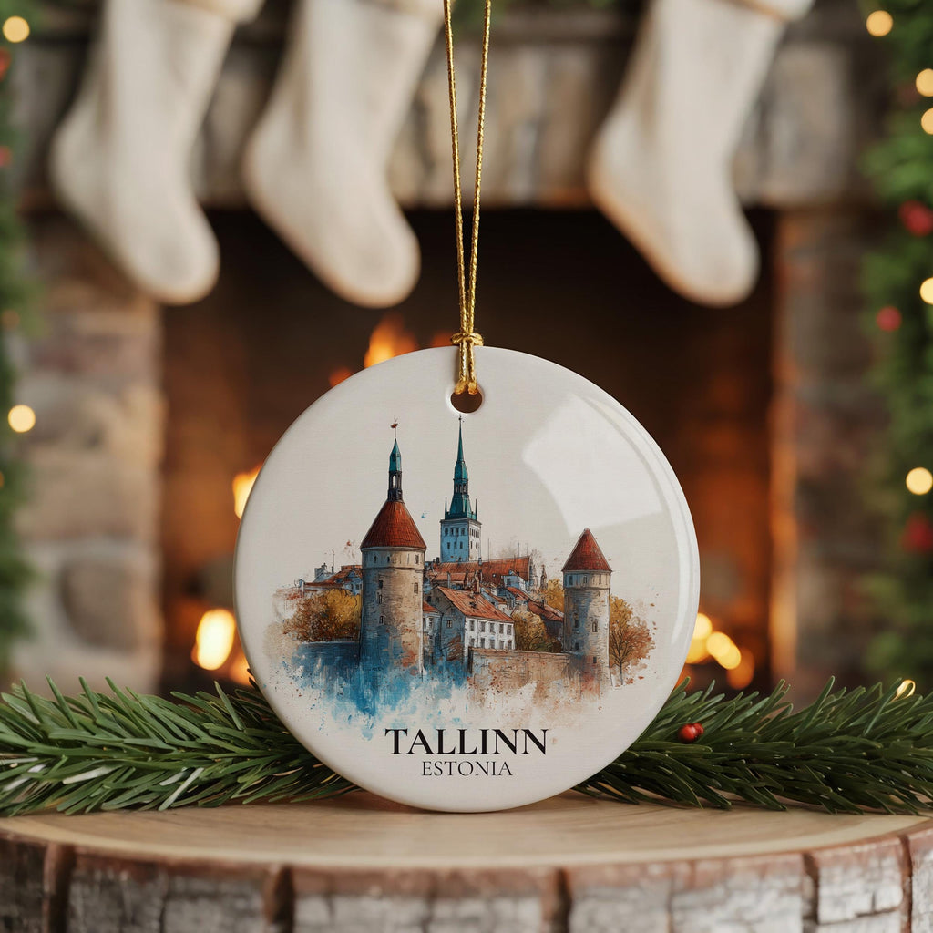 Tallinn Estonia Personalized Watercolor Ornament, Custom Ceramic Christmas gift, Travel Keepsake