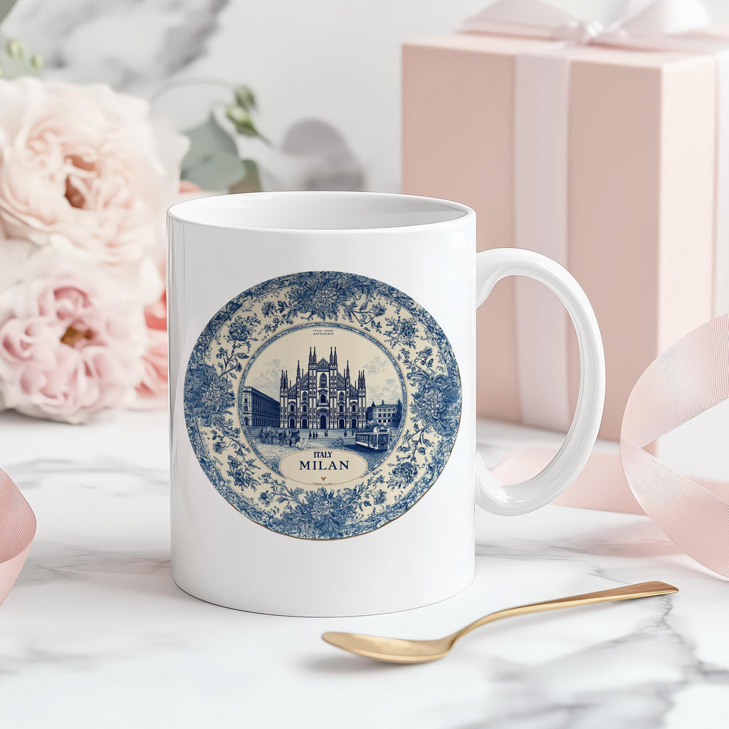 Milan Italy Mug, Custom Delft Style cup, Personalized Vintage Travel City Gift