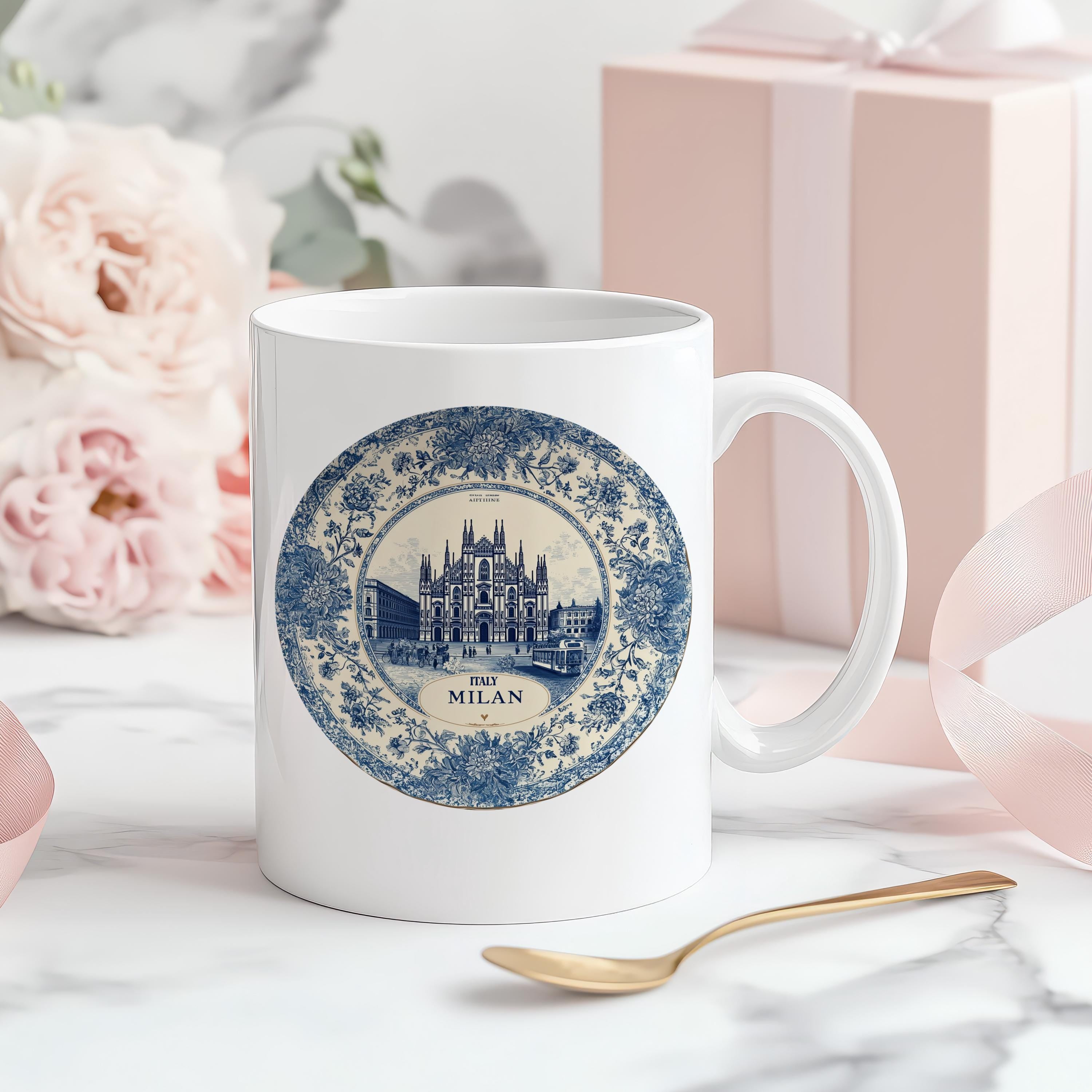 Milan Italy Mug, Custom Delft Style cup, Personalized Vintage Travel City Gift