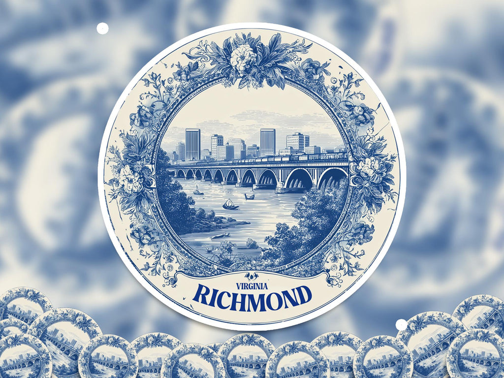 Richmond Virginia Sticker Vintage Delft style, Delftware Decal Waterproof Vinyl, Blue City Travel