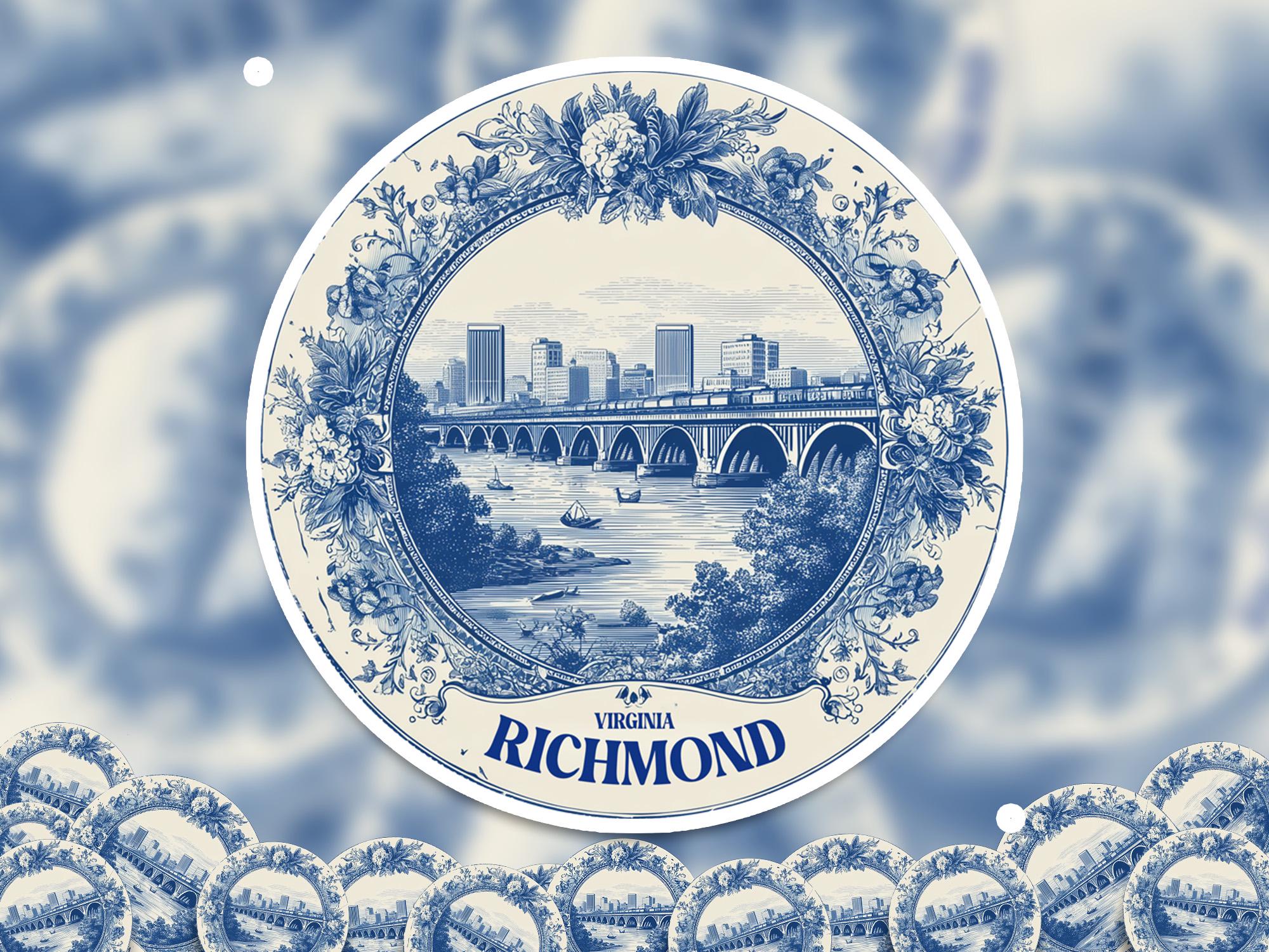 Richmond Virginia Sticker Vintage Delft style, Delftware Decal Waterproof Vinyl, Blue City Travel