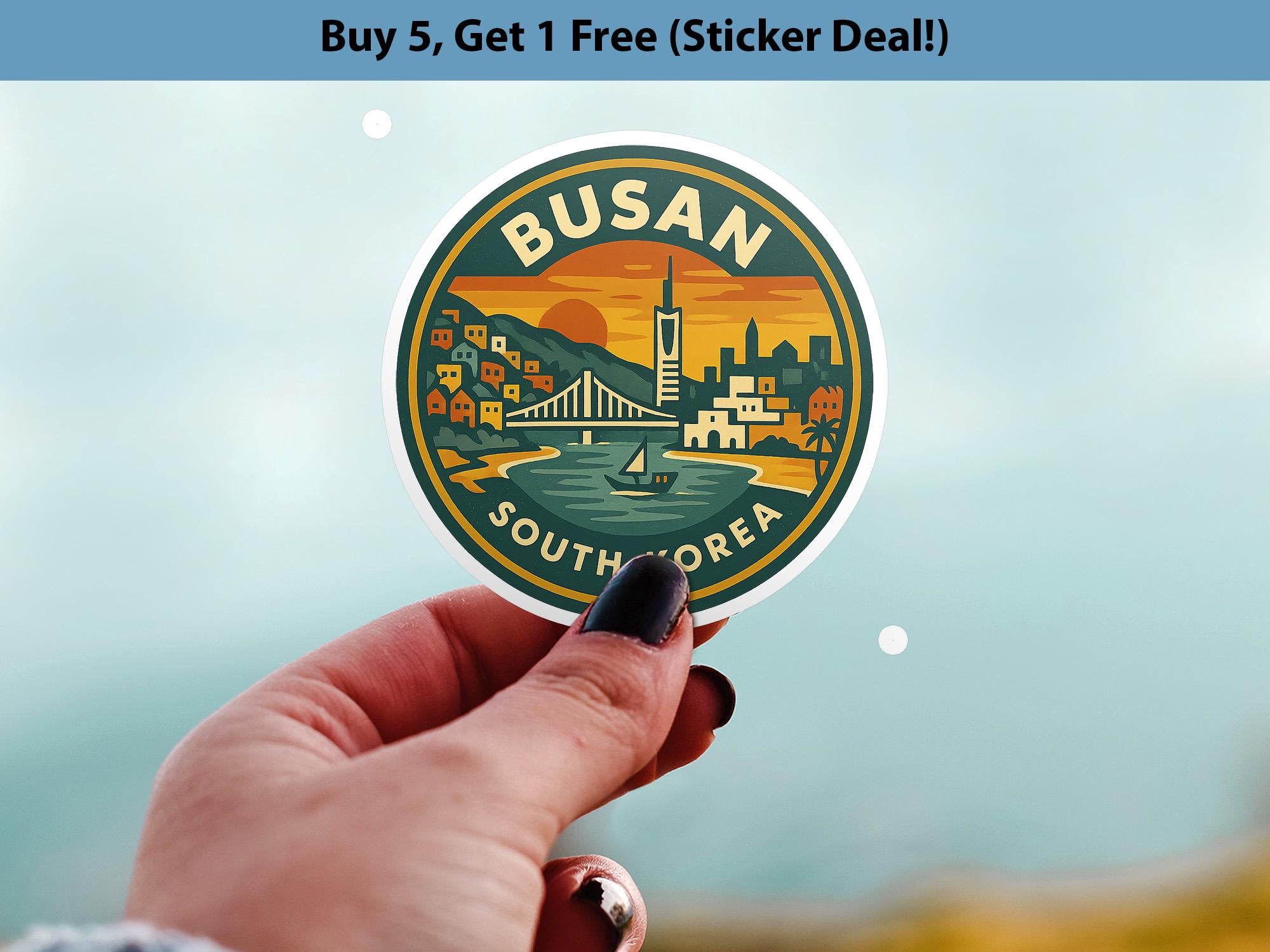 Busan South Korea Sticker Kiss-Cut Vinyl, Waterproof Decal, Retro Travel Lover Collection