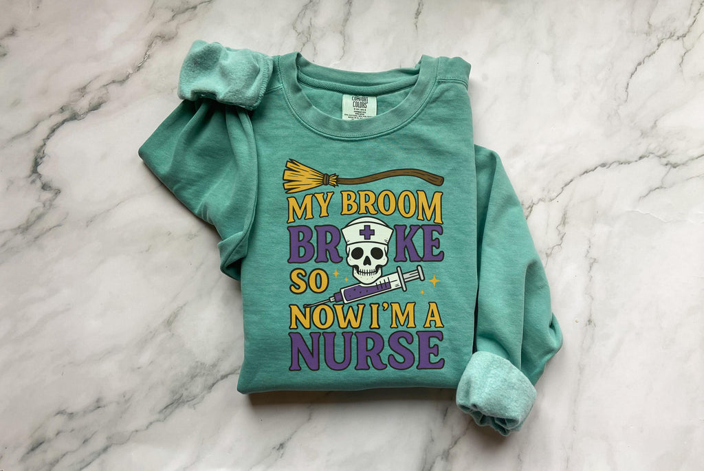 My Broom Broke So I am a nurse Halloween Nurse Sweatshirt, Spooky RN Fall Top Cozy Autumn Pullover, Cute Retro Gift for Nurse