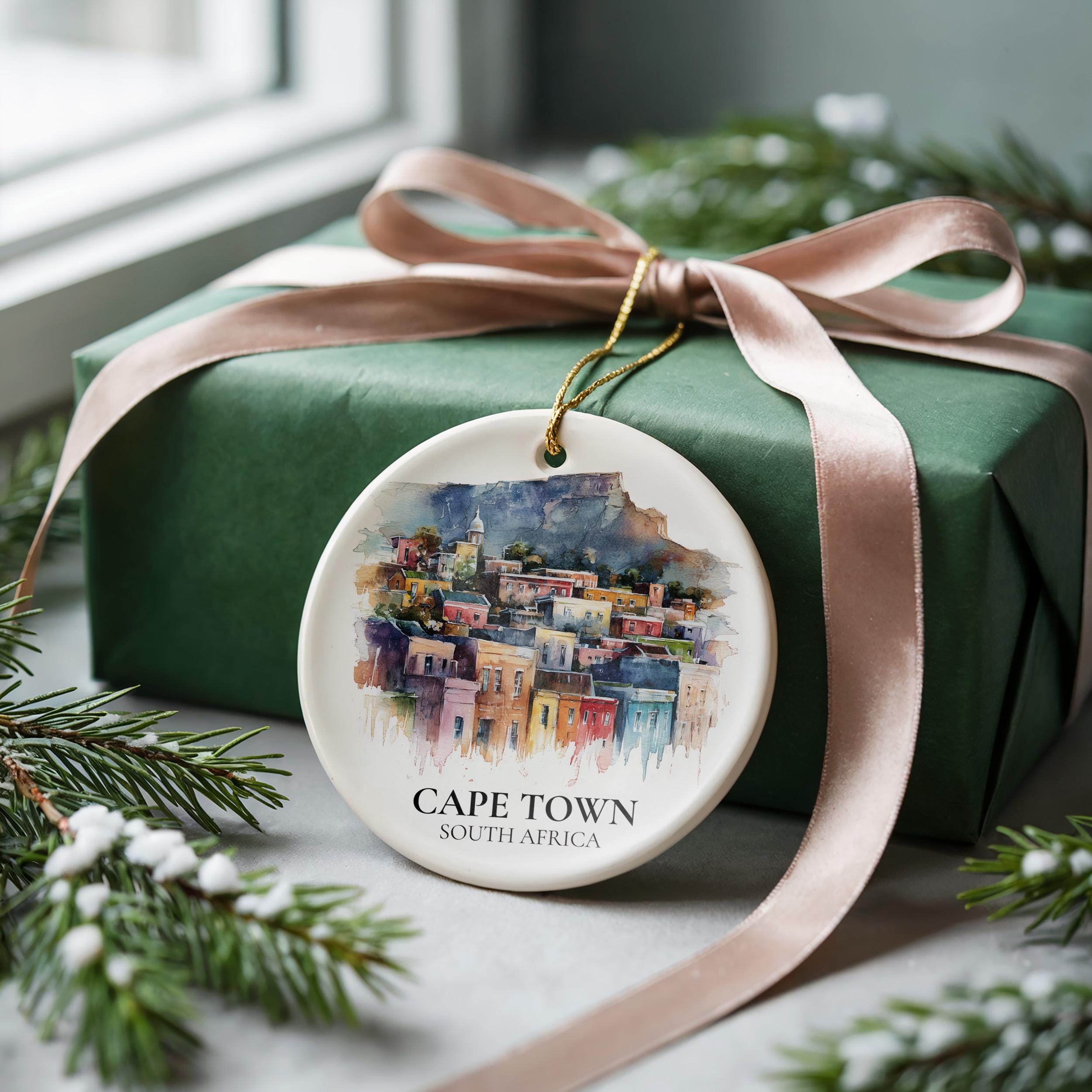 Cape Town South Africa Personalized Watercolor Ornament, Custom Ceramic Christmas gift, Travel Keepsake