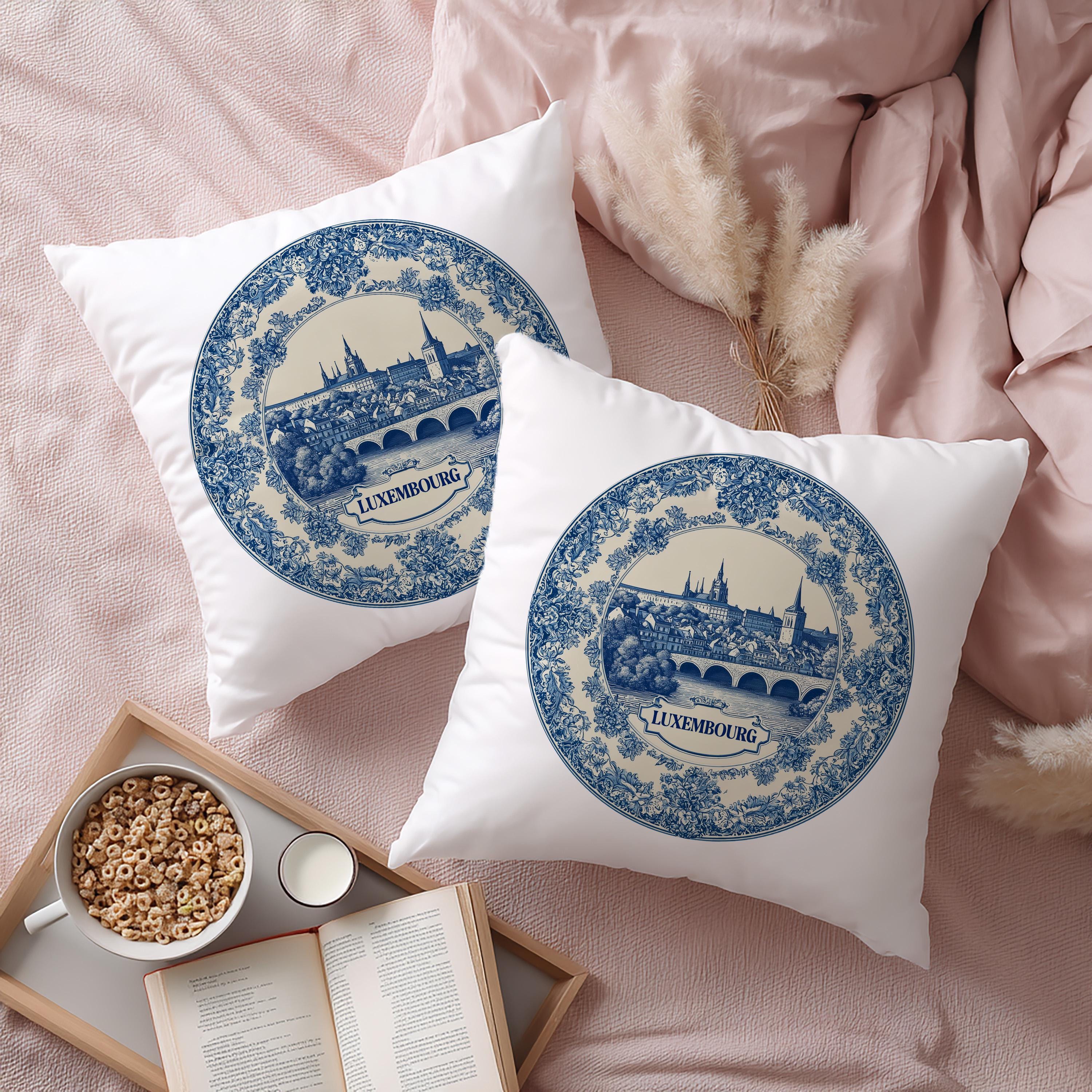 Luxembourg Pillowcase, Delft Style Decorative Throw Pillow, Vintage Cityscape Retro Home Decor