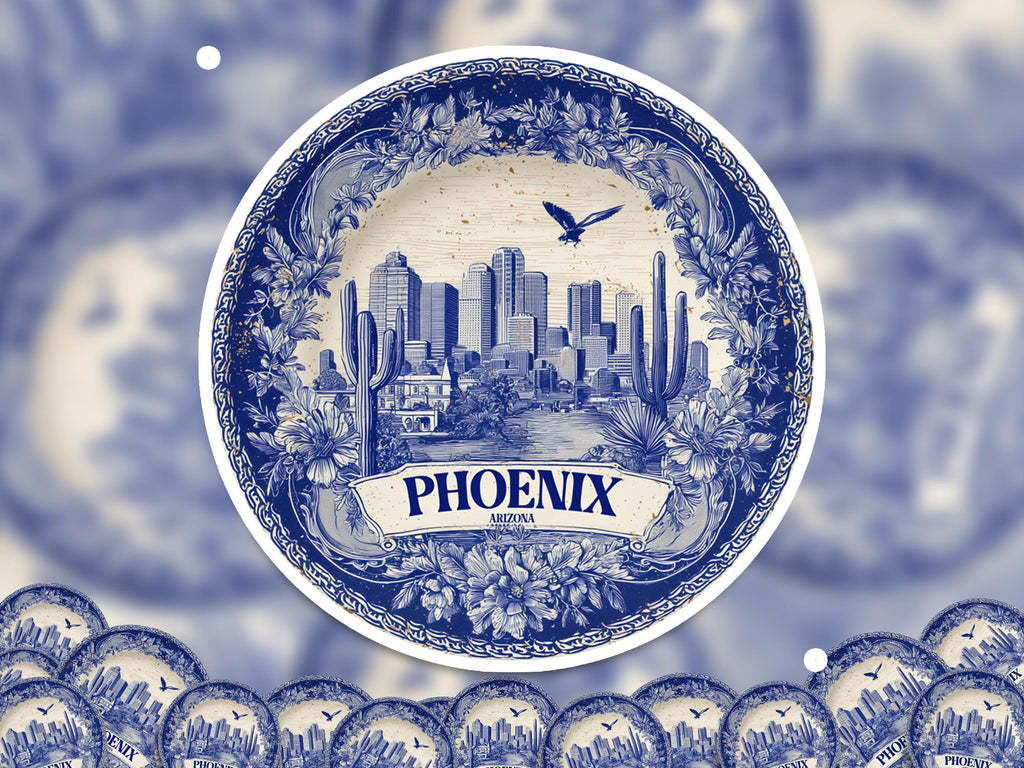 Phoenix Arizona Sticker Vintage Delft style, Delftware Decal Waterproof Vinyl, Blue City Travel