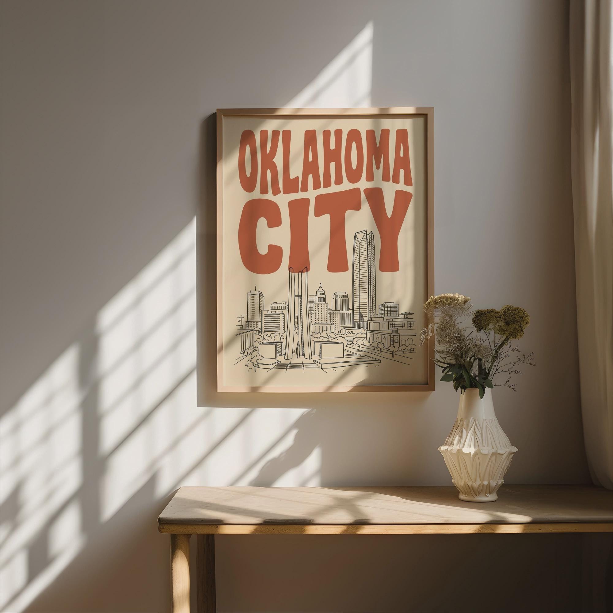 Oklahoma City Skyline Wall Art, Framed Canvas Print, Retro Home Decor