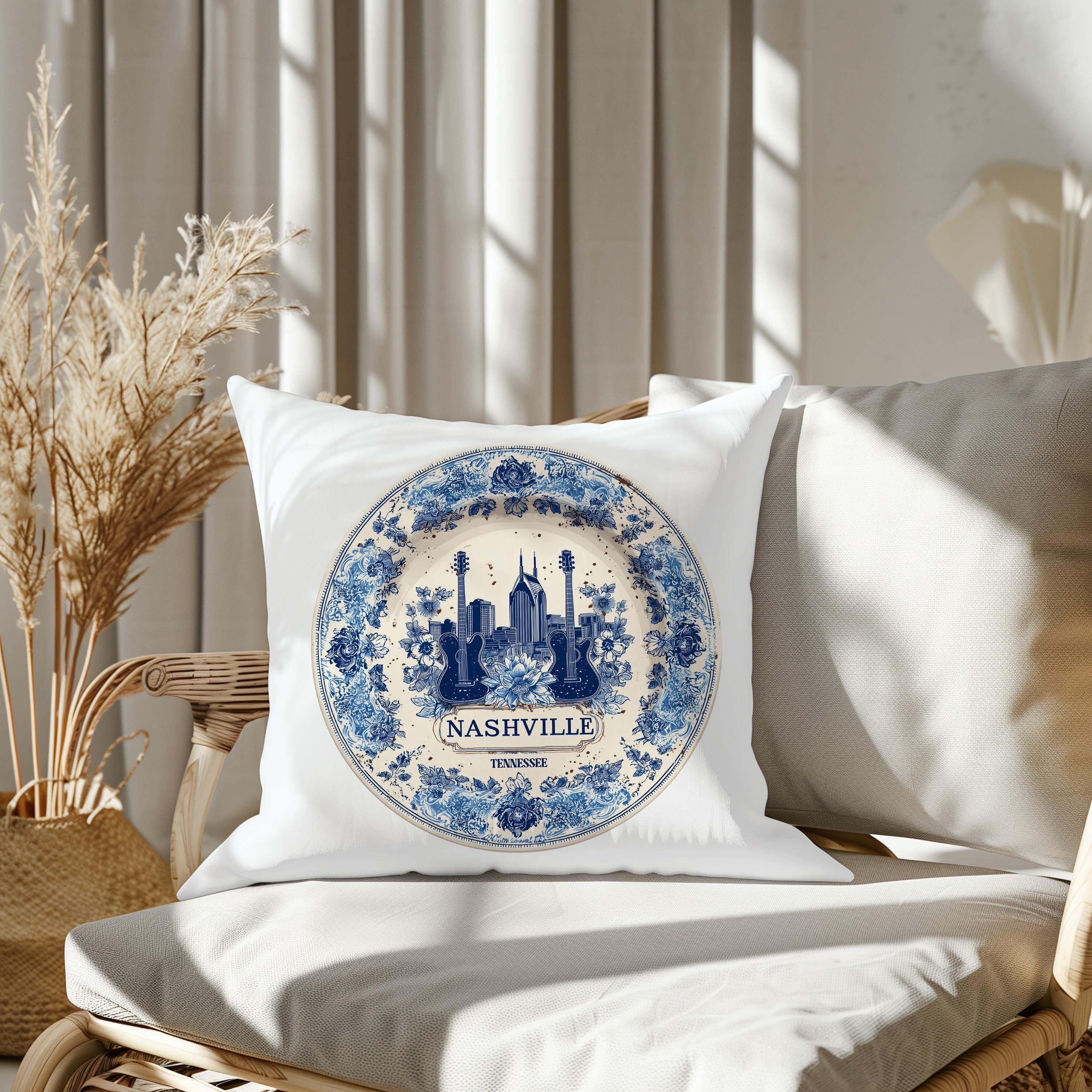 Nashville Tennessee Pillowcase, Delft Style Decorative Throw Pillow, Vintage Cityscape Retro Home Decor