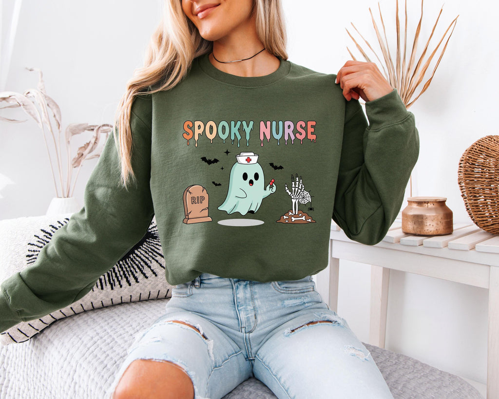 Spooky Nurse Halloween Sweatshirt, Cute Ghost Halloween Gift for Nurse Medical Lab, Nurse Spooky , Nurse Halloween Boo Boo Crew