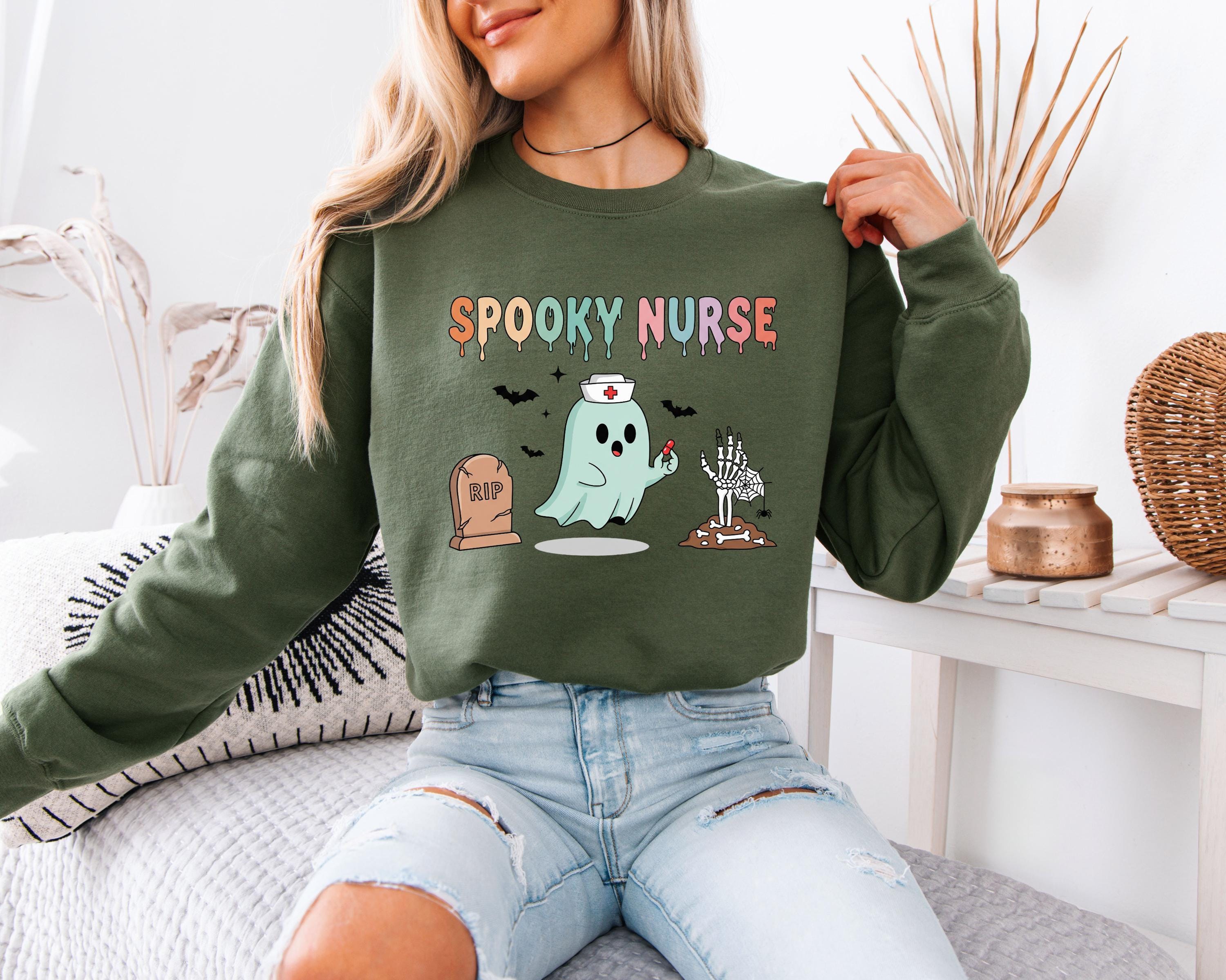 Spooky Nurse Halloween Sweatshirt, Cute Ghost Halloween Gift for Nurse Medical Lab, Nurse Spooky , Nurse Halloween Boo Boo Crew