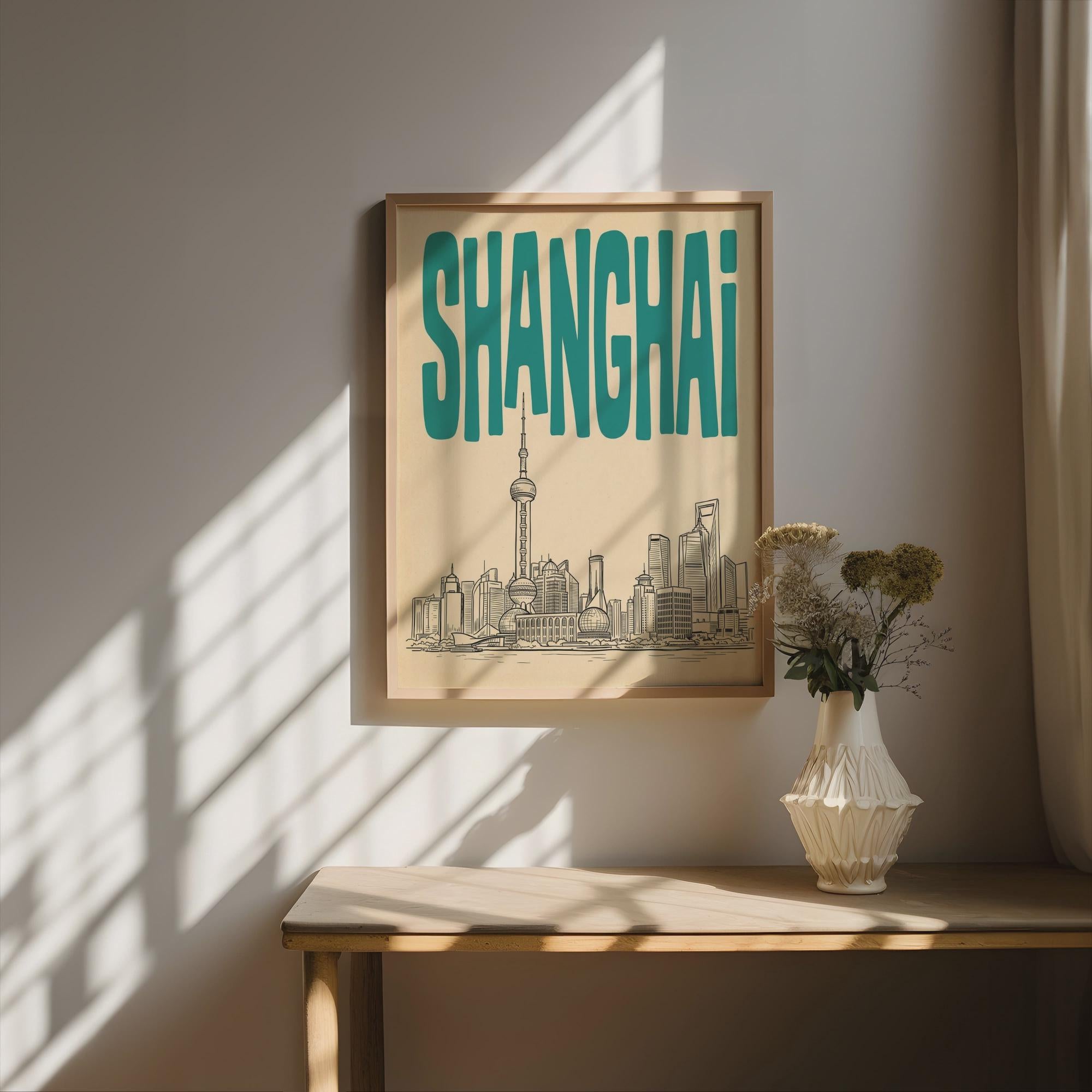 Shanghai Skyline Wall Art, Vintage Travel Poster, Framed Canvas Print