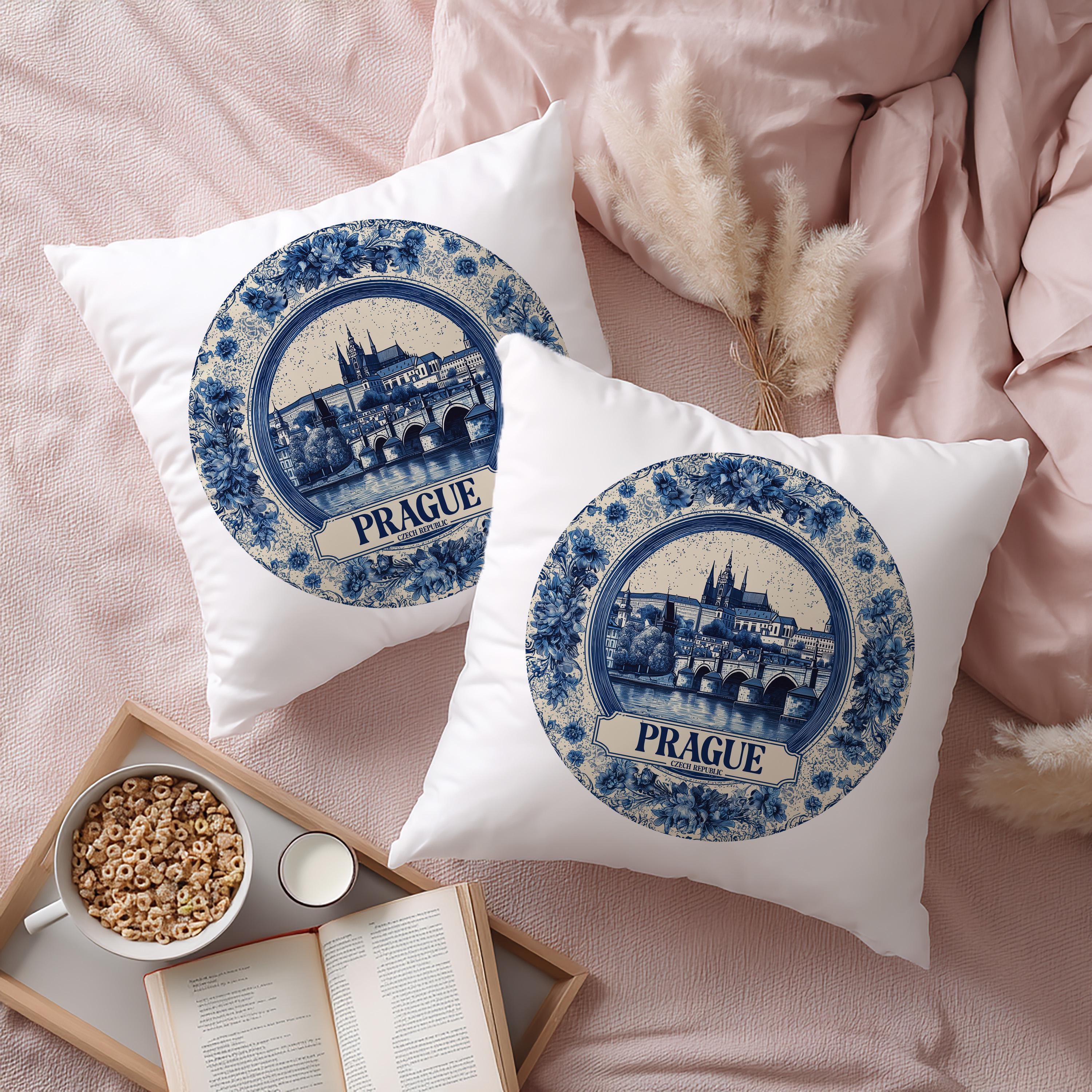 Prague Czech Republic Pillowcase, Delft Style Decorative Throw Pillow, Vintage Cityscape Retro Home Decor