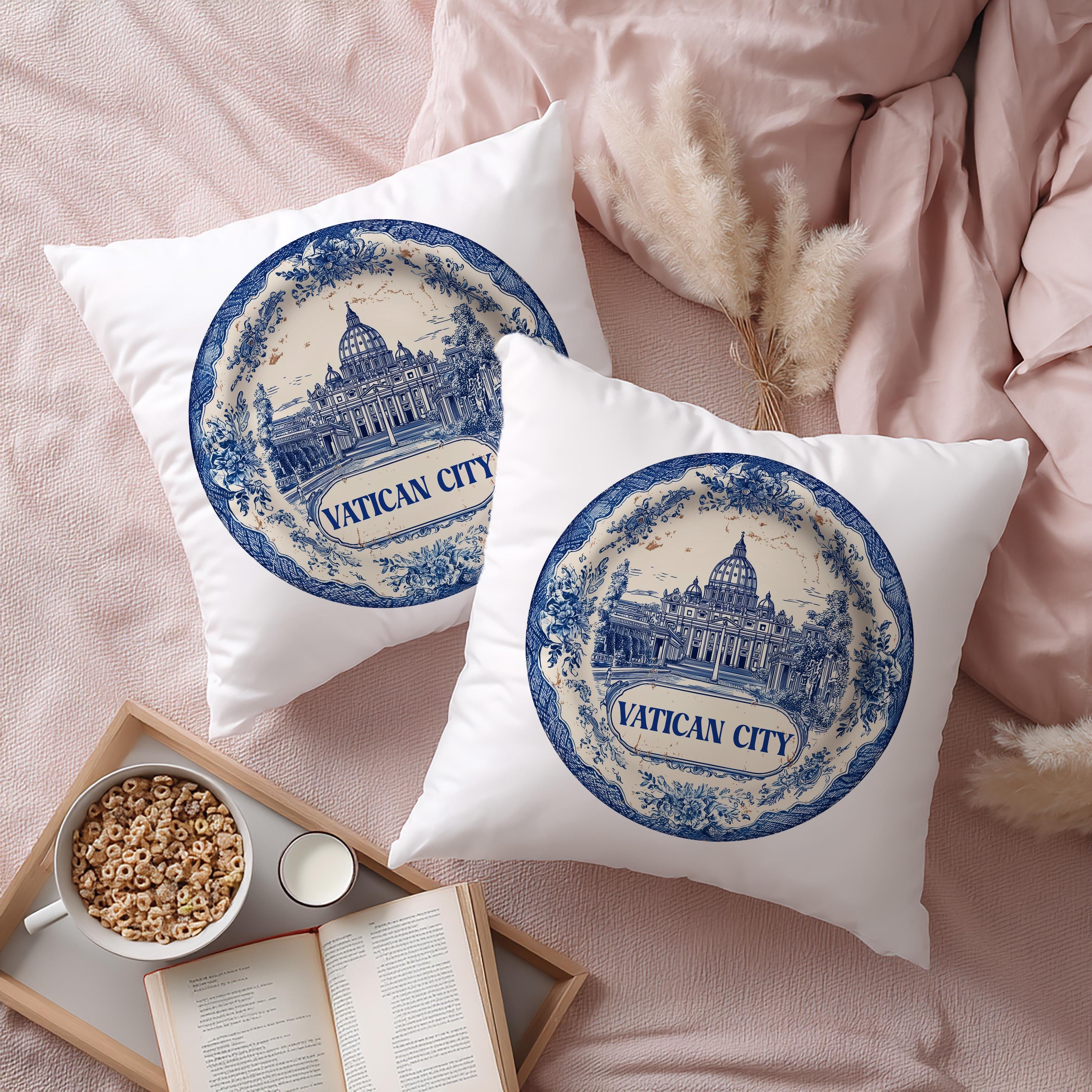 Vatican City Pillowcase, Delft Style Decorative Throw Pillow, Vintage Cityscape Retro Home Decor