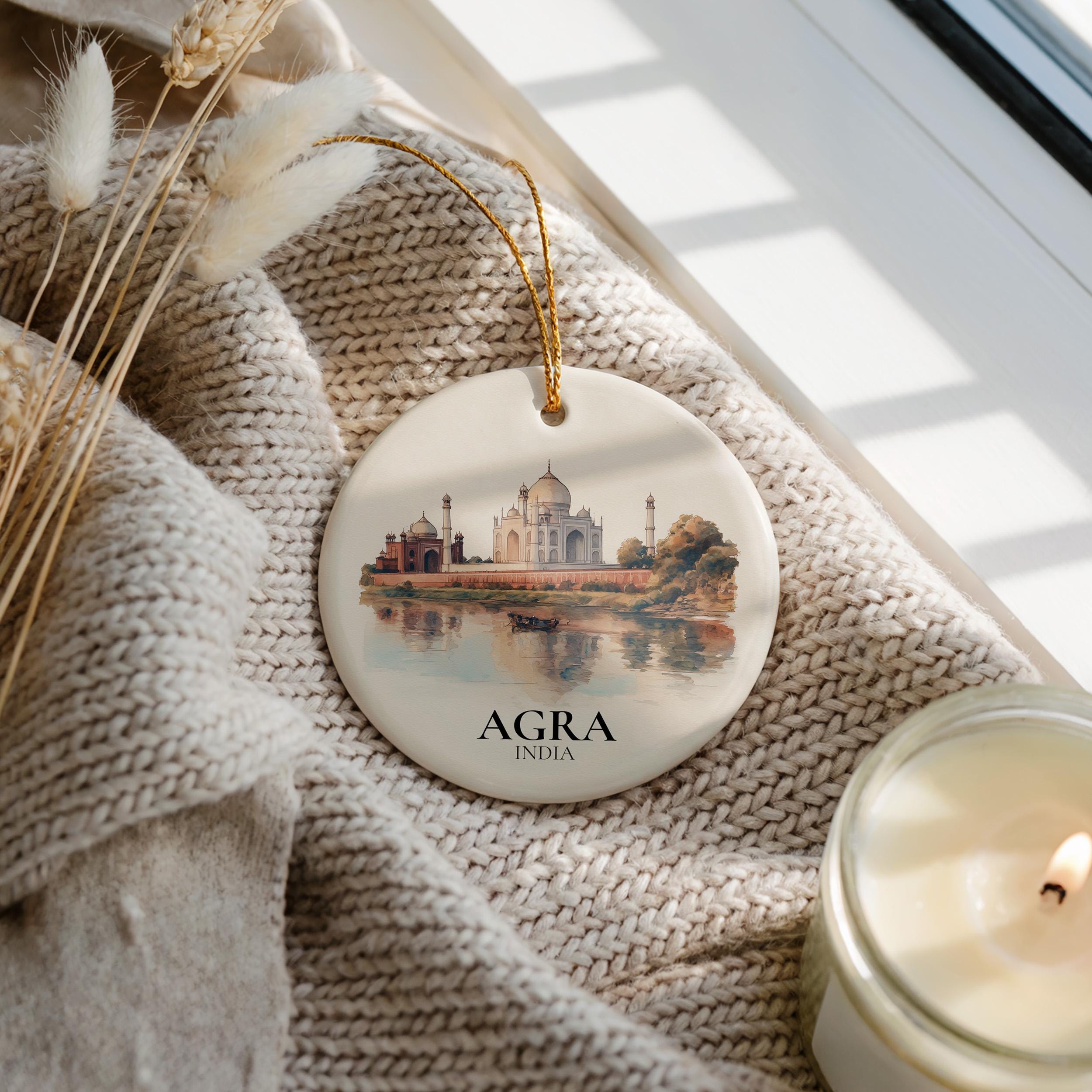 Agra India Personalized Watercolor Ornament, Custom Ceramic Christmas gift, Travel Keepsake