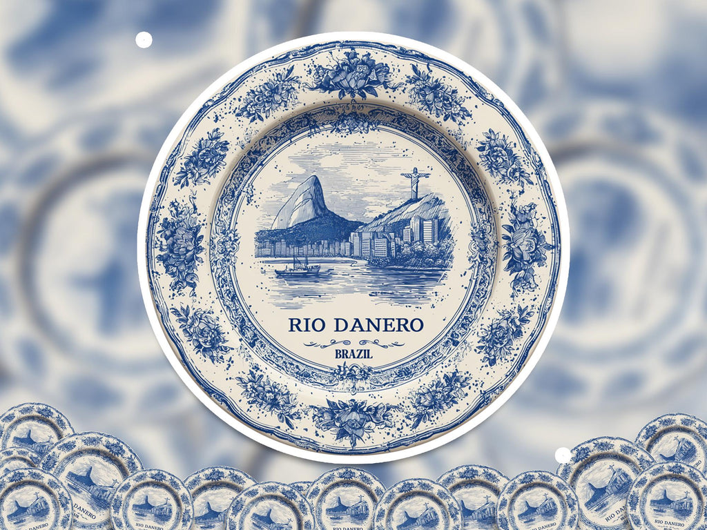 Rio Brazil Sticker Vintage Delft style, Delftware Decal Waterproof Vinyl, Blue City Travel