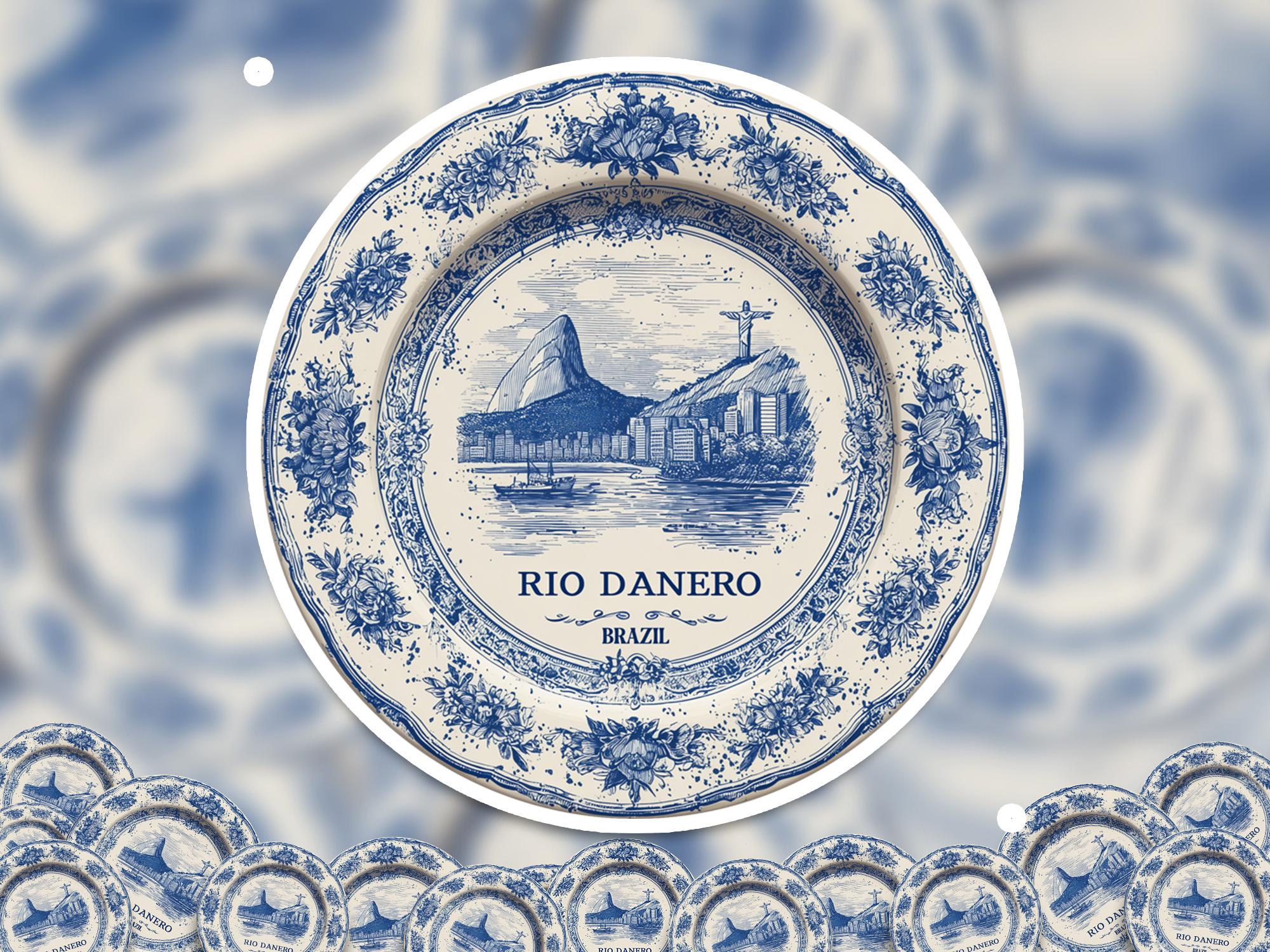 Rio Brazil Sticker Vintage Delft style, Delftware Decal Waterproof Vinyl, Blue City Travel