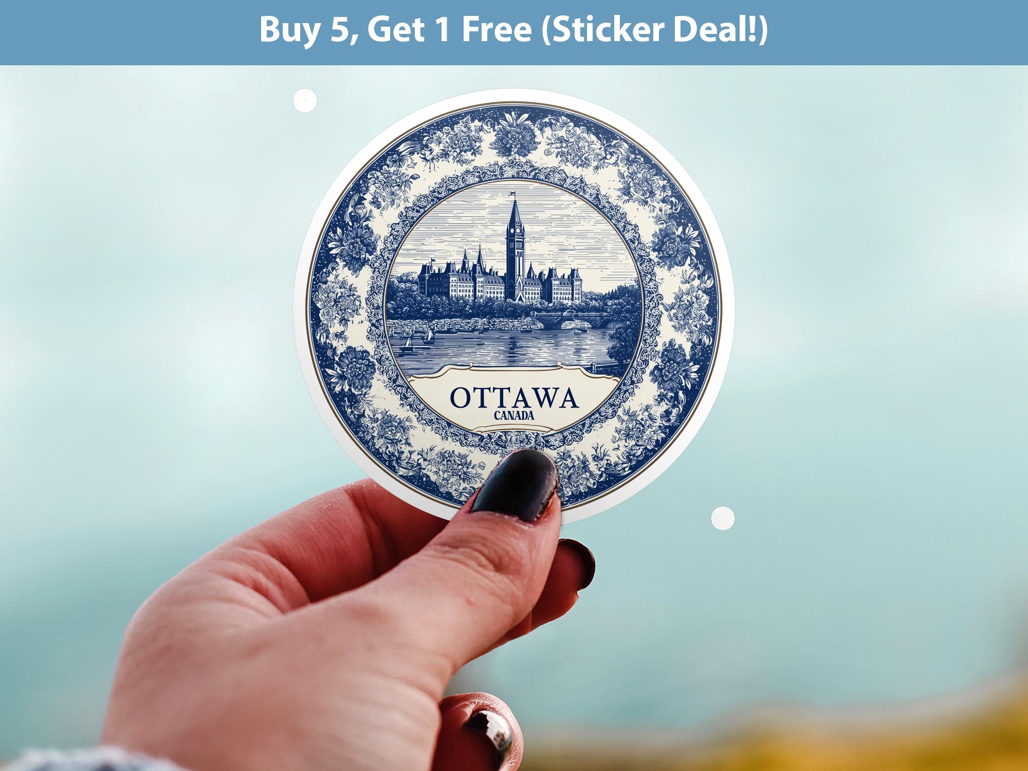 Ottawa Canada Sticker Vintage Delft style, Delftware Decal Waterproof Vinyl, Blue City Travel