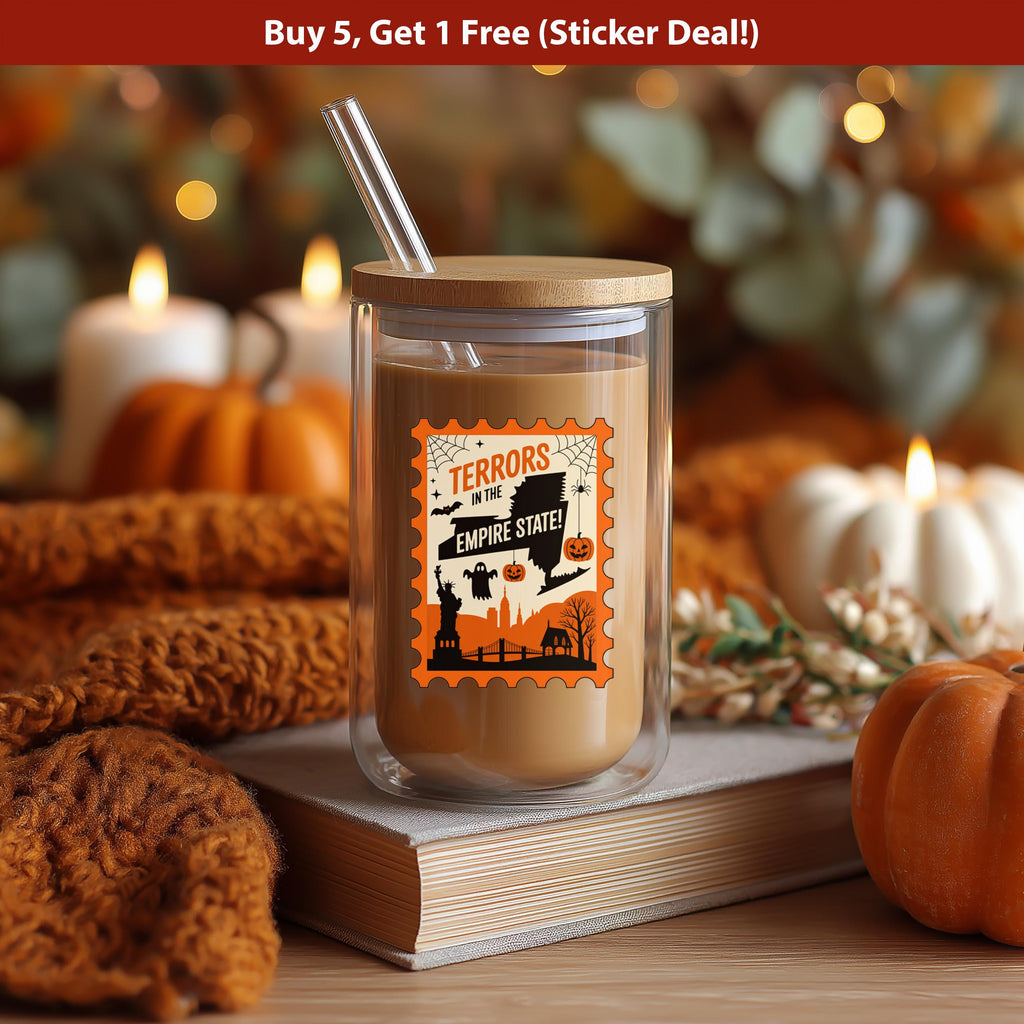 New York Stamp Halloween Sticker, Spooky USA Kiss-Cut Vinyl, Waterproof Decal, United States Travel