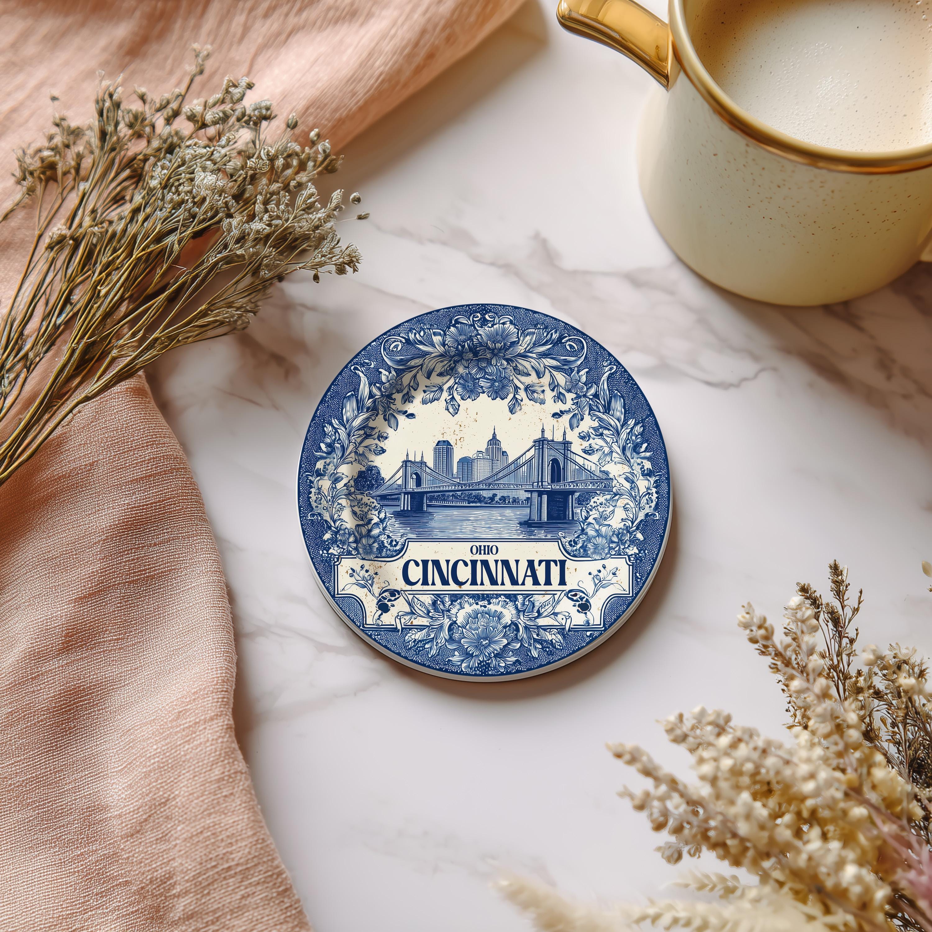 Cincinnati Ohio Delftware Ceramic Coaster, Blue White Travel Gift, Vintage Home Decor Collectible