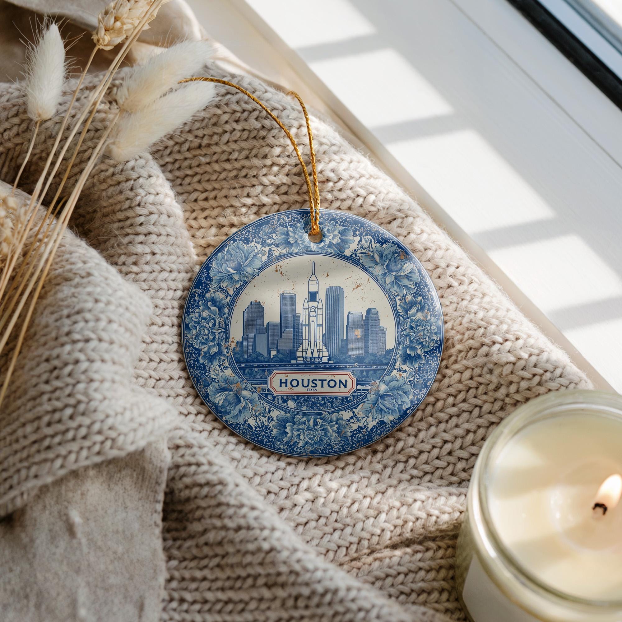 Custom Houston Texas Ceramic Delft Ornament, Christmas Delftware Blue Delftware city travel