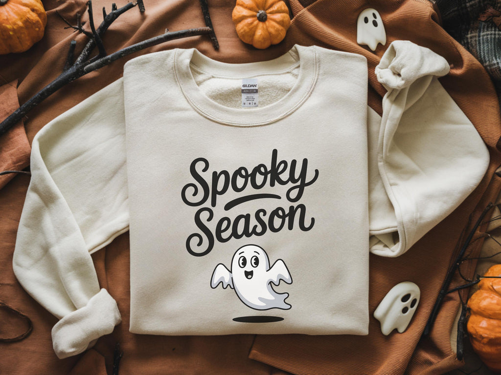 Spooky Season Sweatshirt with Cute Ghost, Minimal Halloween Shirt, Funny Fall Aesthetic, Halloween Gift, Cozy October Vibes